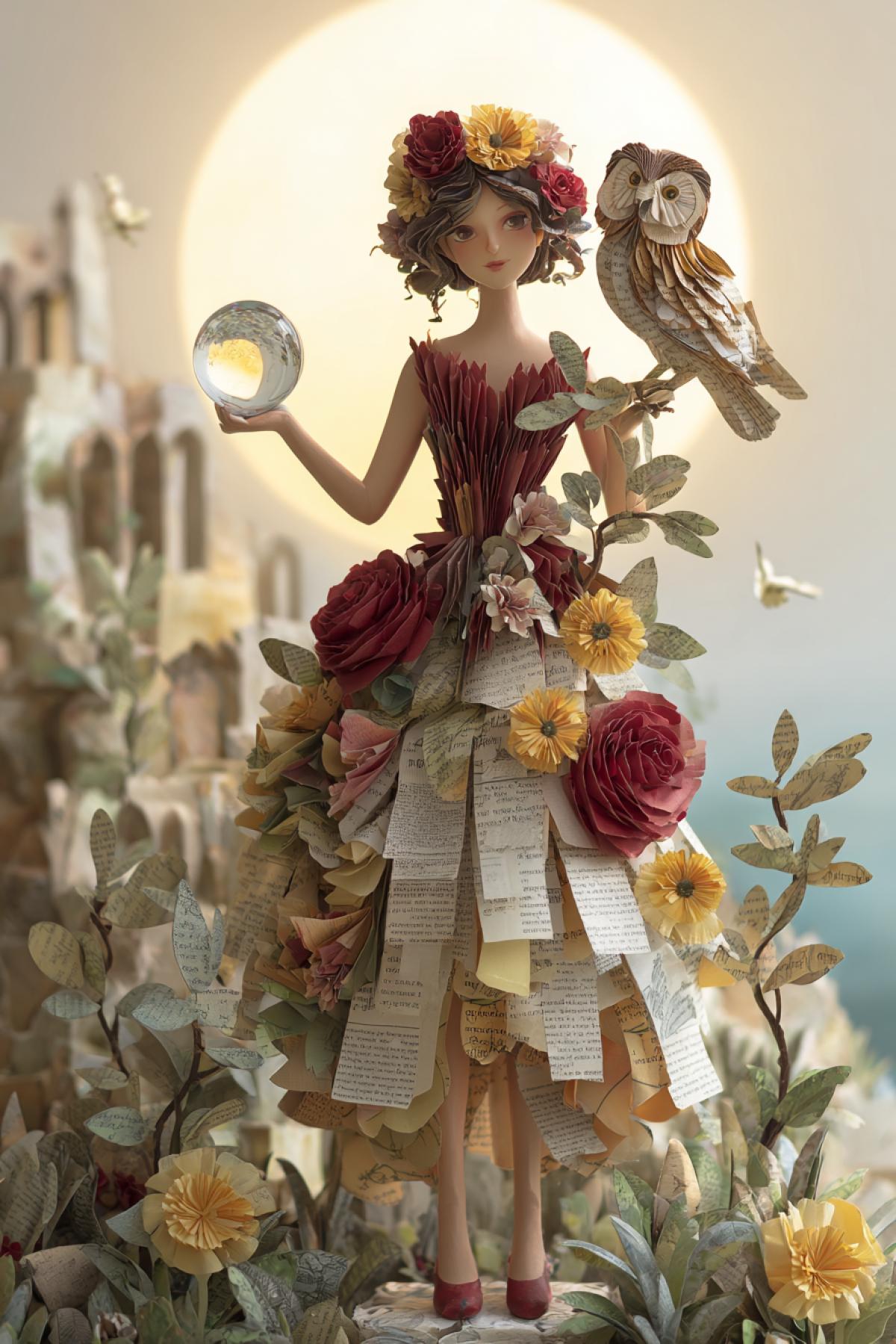 A girl of 8 years old in a dress of fresh flowers, carrying a glass ball with floating seeds floating inside. Where she steps, paper trees with leaves-pages grow. On her shoulder sits an owl of folded Origami-cones. Background: The sunflooded meadow with the ruins of the university. Style: Fairytale Magical Realism
