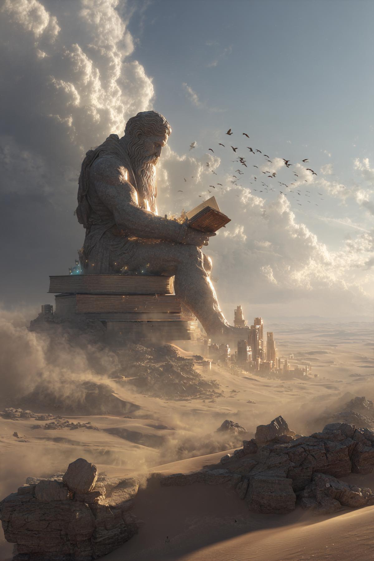 Ancient titan carved from stone, seated in a desert of forgotten civilizations, embedded with glowing books, scrolls, and memory crystals ravens circling above, sandstorms on horizon, epic scale, photorealism, mystical light shafts, surreal silence