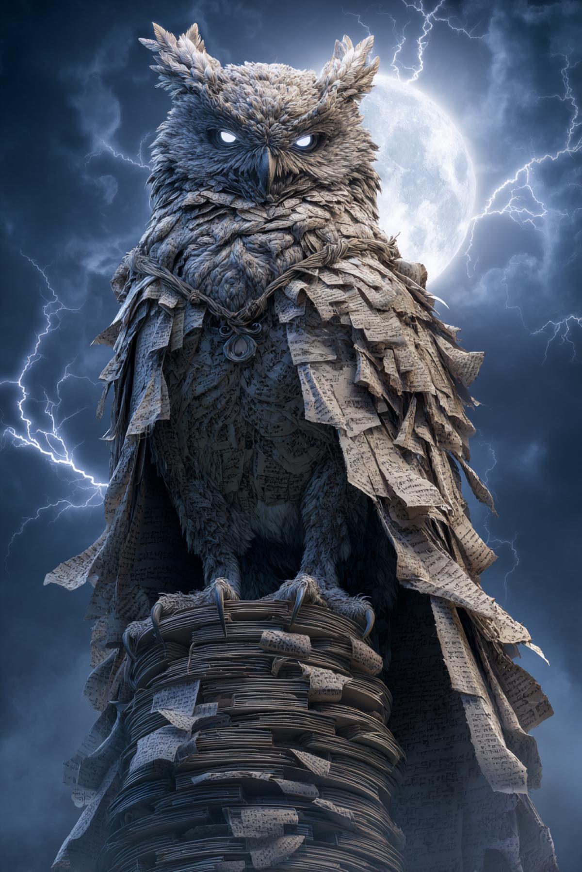 Towering humanoid owl with robes of parchment and feathers made of pages, perched atop a spiraling stone archive, eyes glowing with runes, full moon above, lightning flashes behind, dark academia mood, gothic style, cinematic lighting