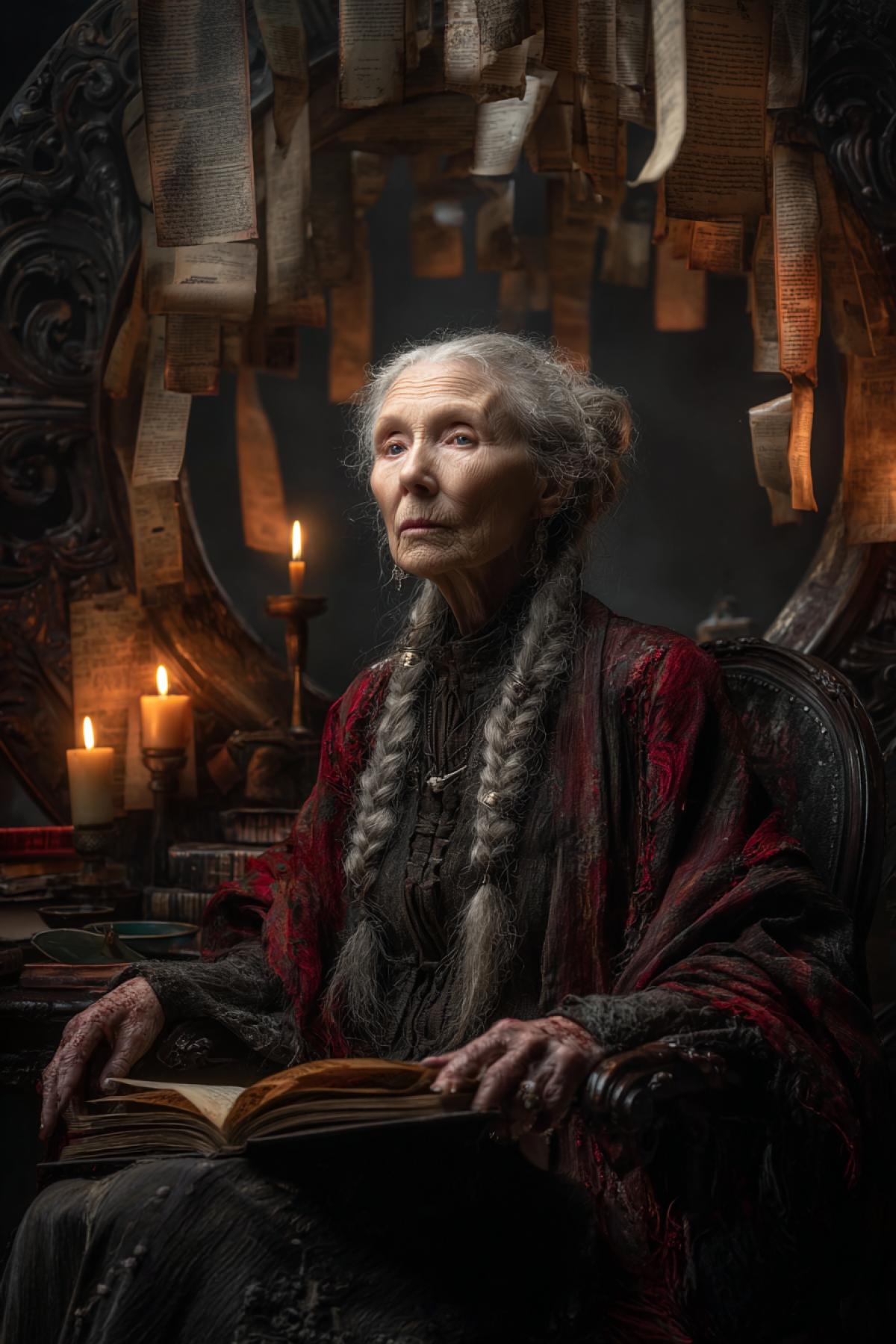 The Last Archivist elderly woman with deep-set eyes and silver braids, seated in a circular room of suspended scrolls and glowing m4kcripts, wearing layered robes stitched from ancient texts, one hand gently touching a levitating tome, soft candlelight, baroque and mystical, cinematic portrait