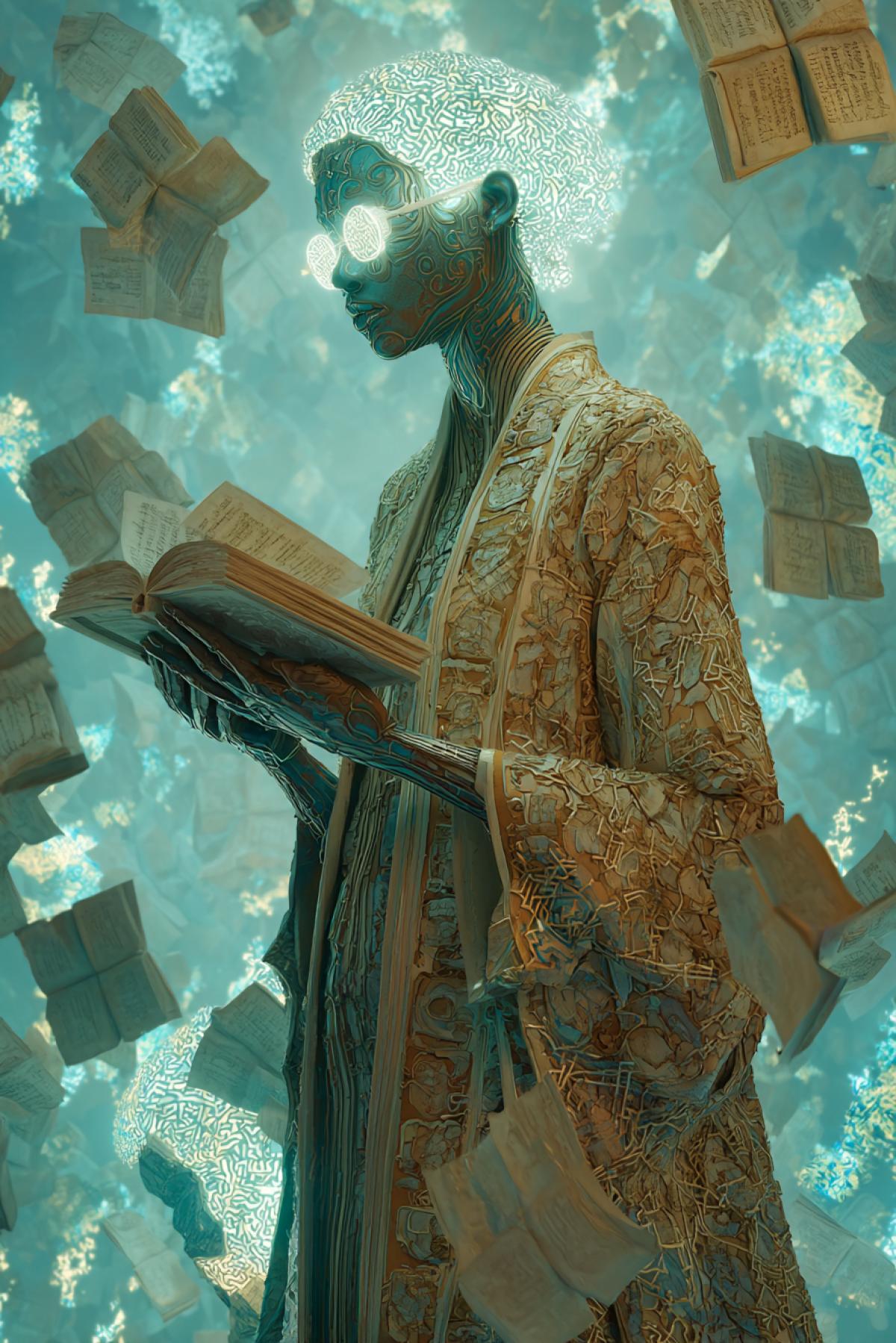 Ethereal librarian with skin, glowing tattoos shaped like ancient scripts, long coat woven from memory-threads, calmly indexing voices in floating crystal books, surrounded by temporal echoes of readers past, surreal but human, hyper-detailed, soft ambient light