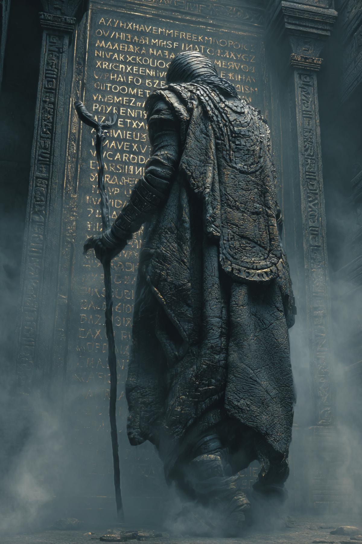 Blind scholar in obsidian armor etched with forgotten alphabets, standing before a sealed door of knowledge his eyes covered with golden threads, he holds a staff that hums with unread words, atmospheric ruins behind, blue-gray lighting, sharp silhouette, epic fantasy mood