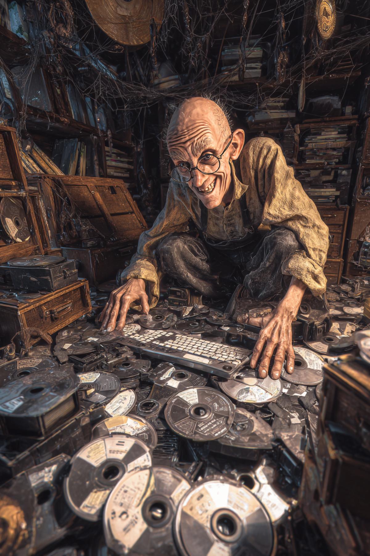 Old skinny crazy man kneeled in front of open vintage wooden detailed full of computer flexible 5\" disks also flexible disks all around in mess interior of old attic spidersweb in corners he touches disks with crazy smile wrinkles on face highly detailed art