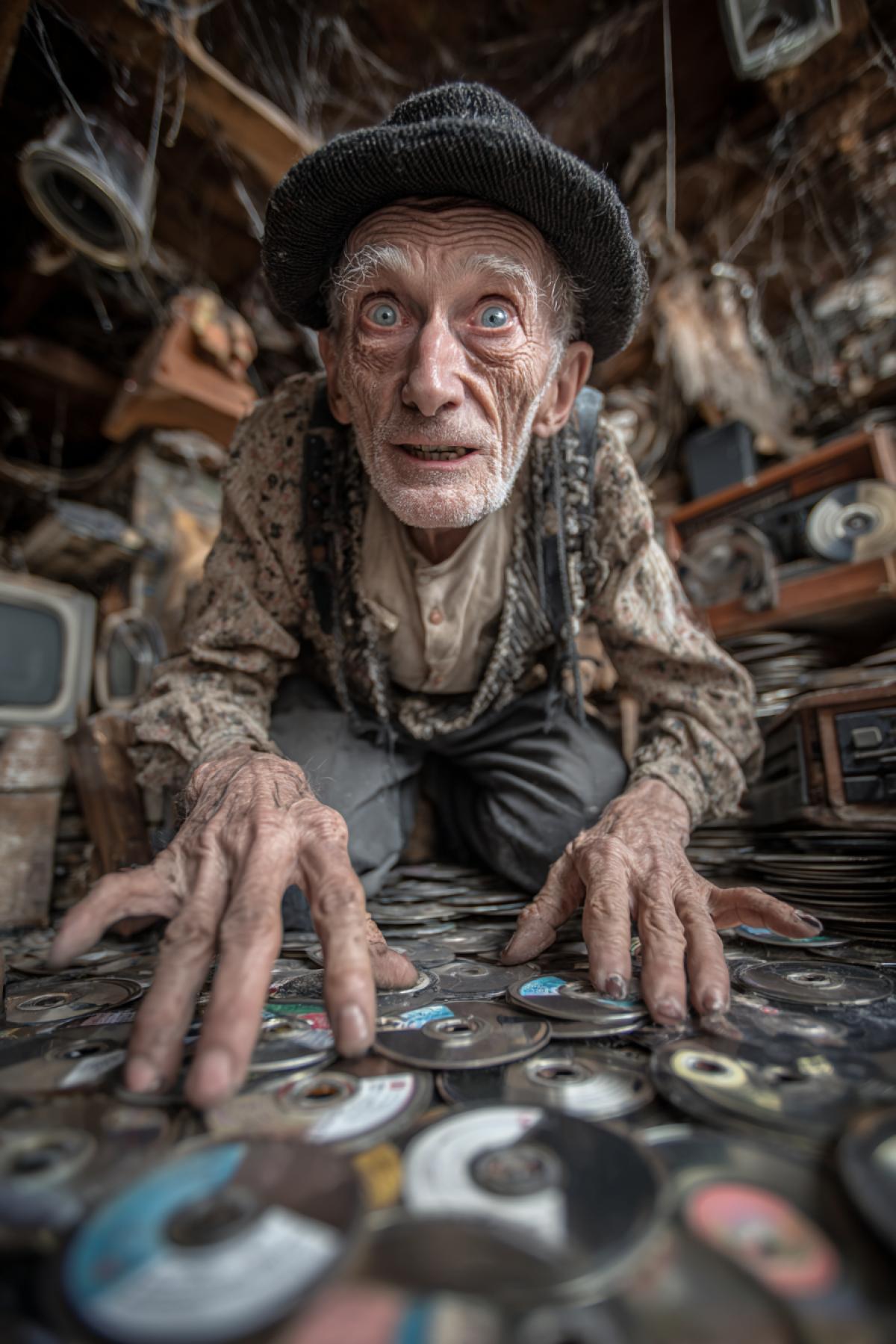 Old skinny crazy man kneeled in front of open vintage wooden detailed full of computer flexible 5\" disks also flexible disks all around in mess interior of old attic spidersweb in corners he touches disks with crazy smile wrinkles on face highly detailed art