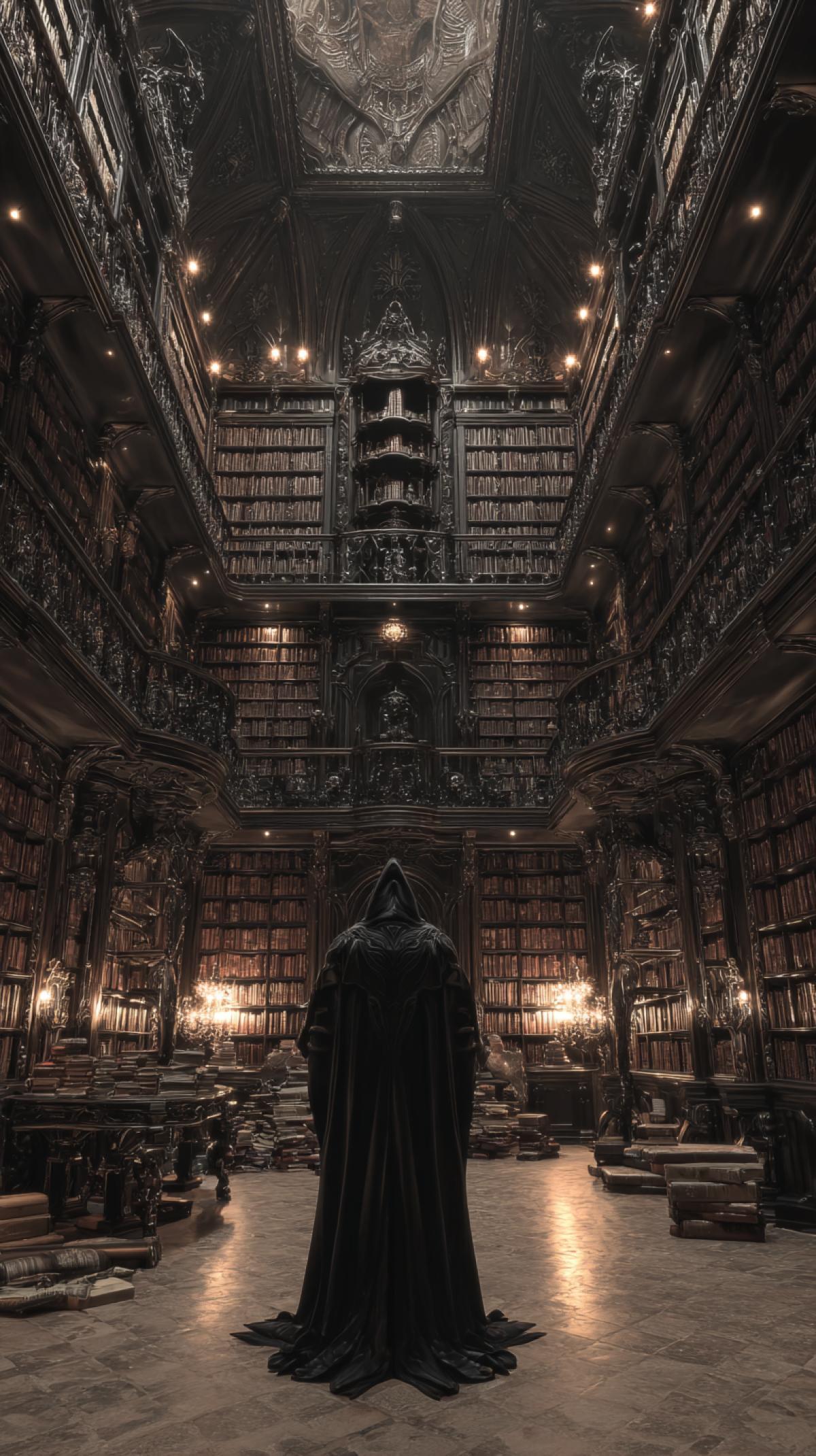Dark Fantasy, inside the Great Mithiseum library, book shelves covering all walls and ceiling. In the center is a man dressed as a man with a dark cloak. Dark, reflecting, hyperrealistic.
