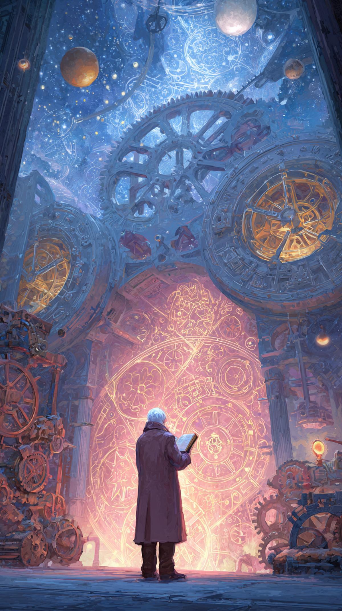 A man in a cloak with an ancient book in his hands, standing in front of an ancient stone large machine with complex gears and dials, surrounded by floating stars and planets. The room has walls covered with heavenly patterns and cosmic symbols. The atmosphere, filled with a secret and surprise, as if experiencing different eras of space research. Fantasy Digital Art, mystical scene, soft ethereal light illuminates the scene