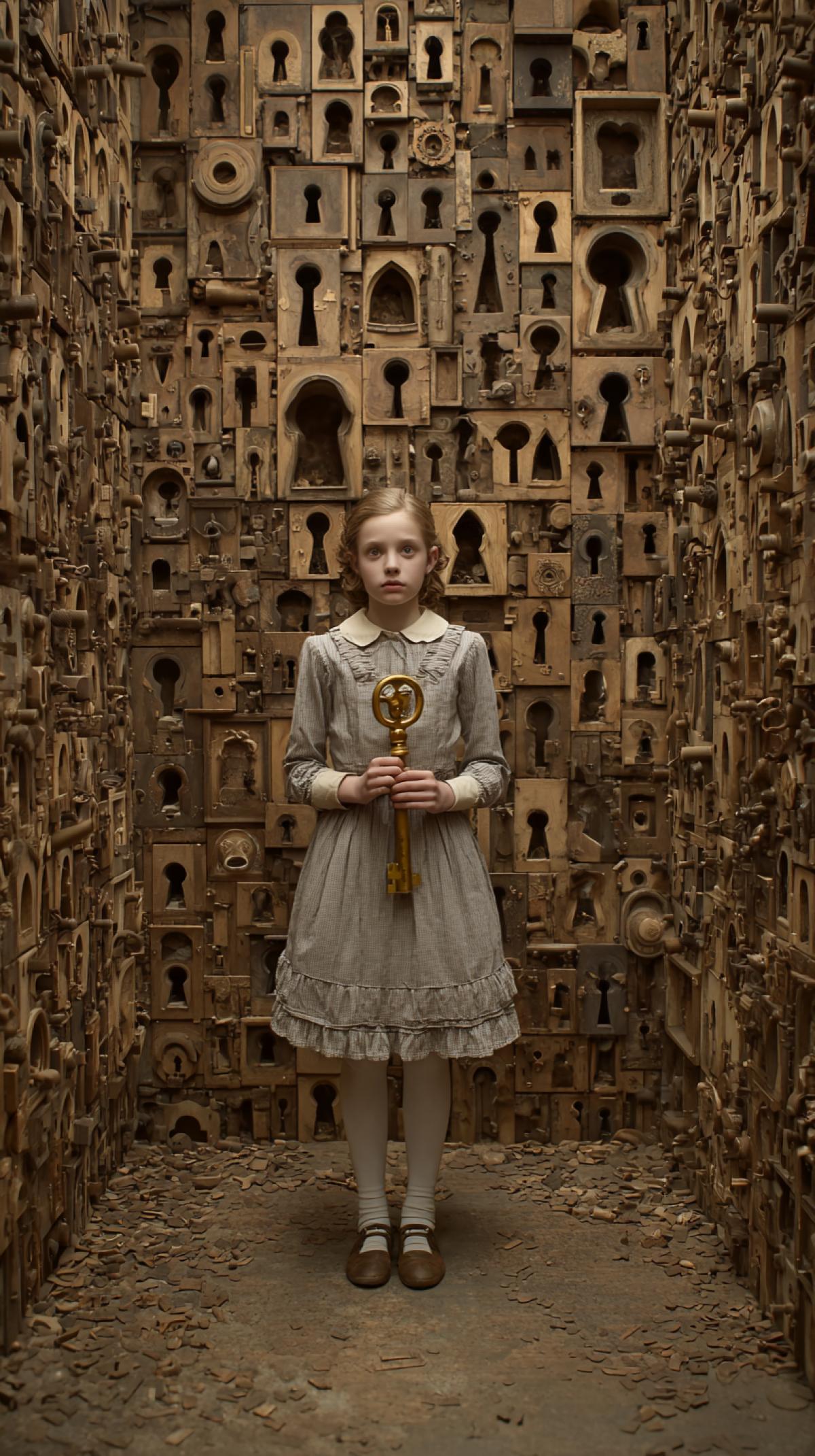 The Edwardian girl holding an antique golden key is in the center of a small room consisting of a large number of various keyhole wells, surrealism, high resolution, high detail, photography, cinema