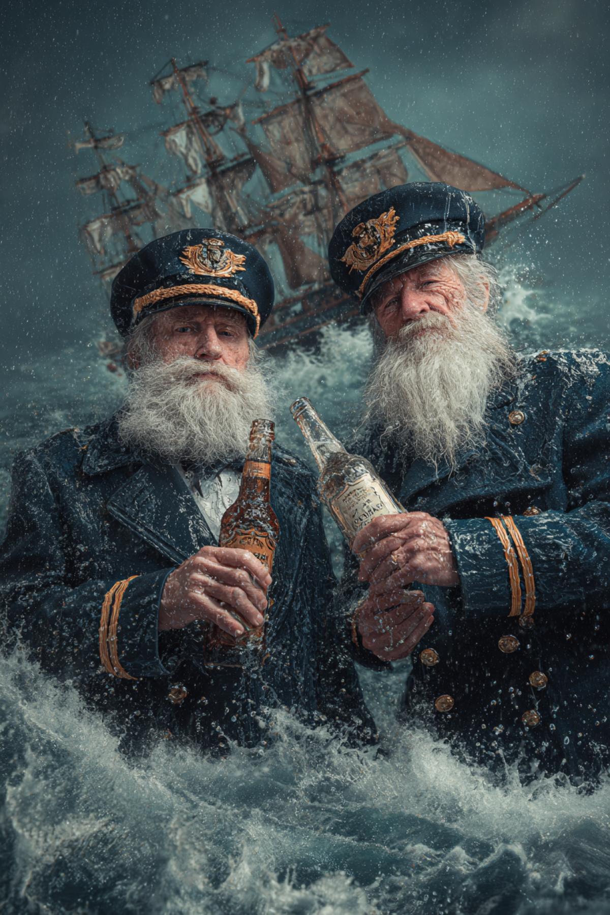 \"6ygeM!\" textbox Two old sailor captains drowning sinking in deep storming sea on the background of their destroyed vessels clinking cheers with their flasks hopelessness highly detailed hyperrealistic photo quality
