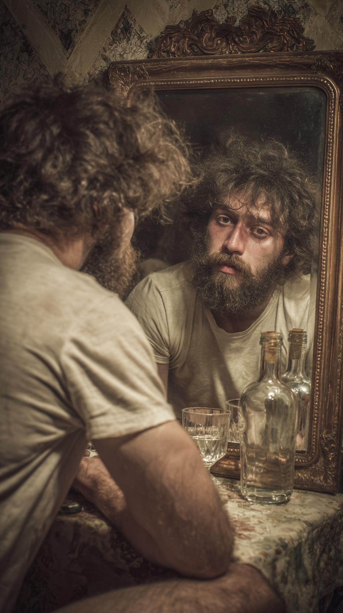 A man sits at the table, a drunk in a Tshirt and underpants, overgrown and dirty with a beard, a glass of vodka and a bottle of vodka, pronounces a toast, looking into his reflection in the mirror
