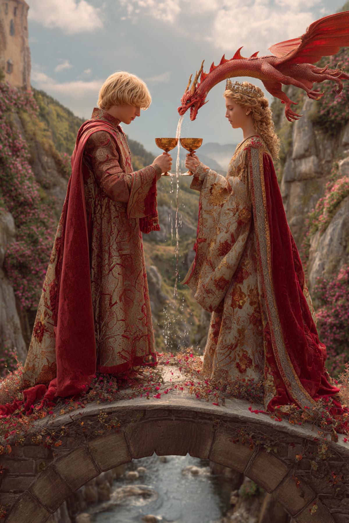 The young king and queen in brocade robes clink with golden cups on the arched bridge. Two streams stem from their glasses the wine turns into miniature dragons that adhere to the air. Background: a flowering valley and a lock on a rock. Filmed on Sony A1 from drone, style: fantasy hyperrealism.