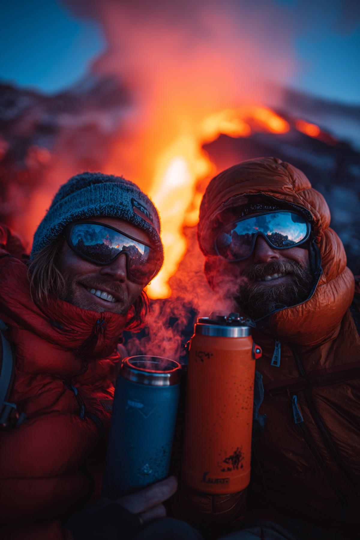Two climbers in the smoked equipment clink with titanium flasks on a redhot lava site. Instead of a drink, a boiling thermal source, whose spray is freezed in the air with glass beads. Behind the back is an erupted volcano, reflected in their darkened glasses. In the foreground is a make-up cat in the Mini-Kostyu climber, trying to get a flying glass with a paw. Filmed on Nikon D6 with a heatshielding filter, style: adrenaline hyperrealism