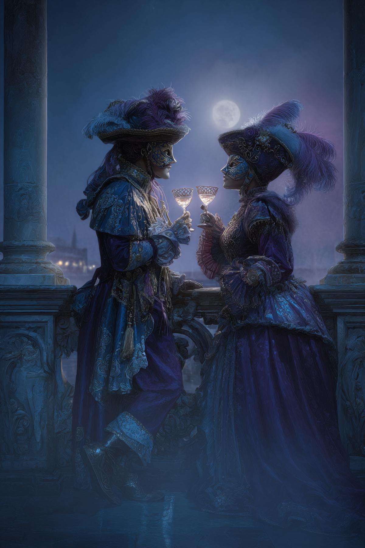 Two masked figures in ornate carnival costumes clink crystal goblets beneath moonlight on a Venetian balcony, laughter frozen mid-air, silvery reflections on glass, mysterious intimacy, baroque atmosphere, soft fog in background, painterly style
