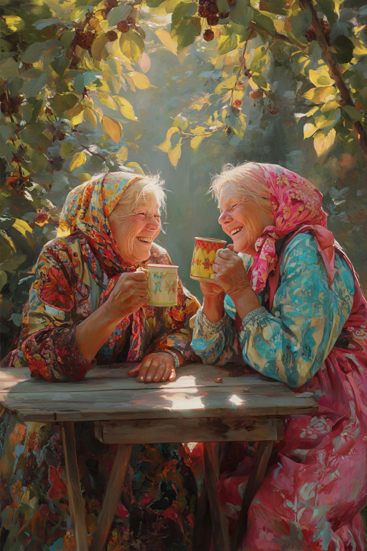 Two elderly women in colorful village dresses cheerfully clinking mismatched tea mugs over a rustic wooden table in blooming garden, warm evening light, sun through leaves, moment full of joy and memory, realism with painterly softness