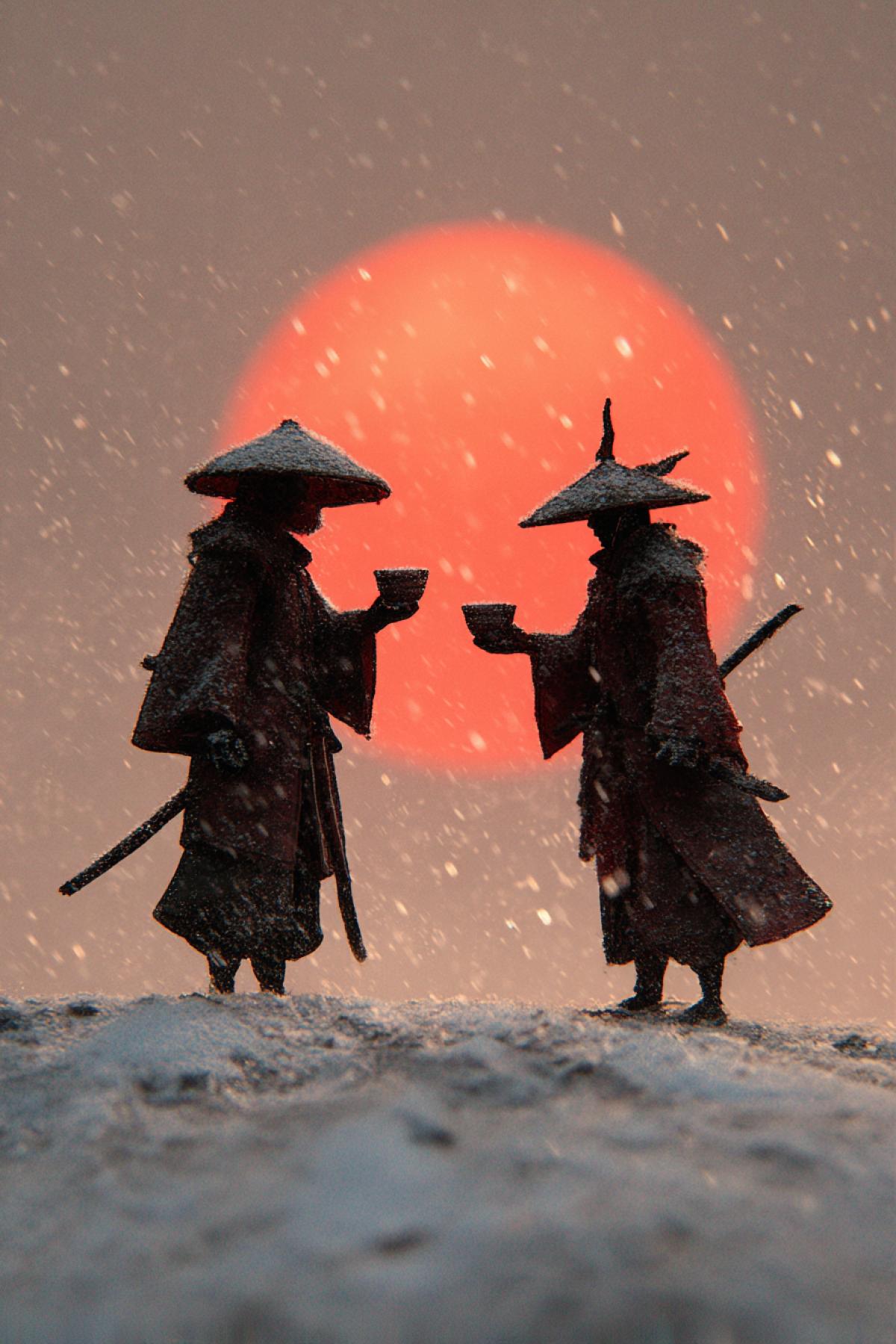 Two shadowy samurai figures on a snowy mountaintop clinking small sake cups in quiet respect before parting ways, wind sweeping snow around, red sun low on horizon, dramatic silhouettes, poetic tension, cinematic framing