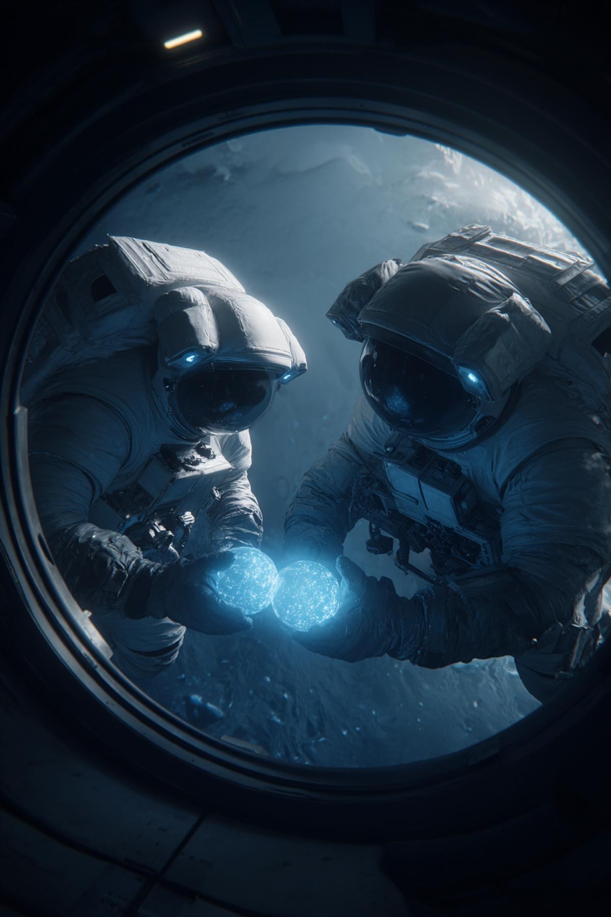 Two astronauts floating in zero gravity inside a dimly lit space station, clinking transparent spheres of glowing liquid stars visible through porthole, slow motion particles around, moment of silent celebration in deep space, ultra-detailed, cinematic realism