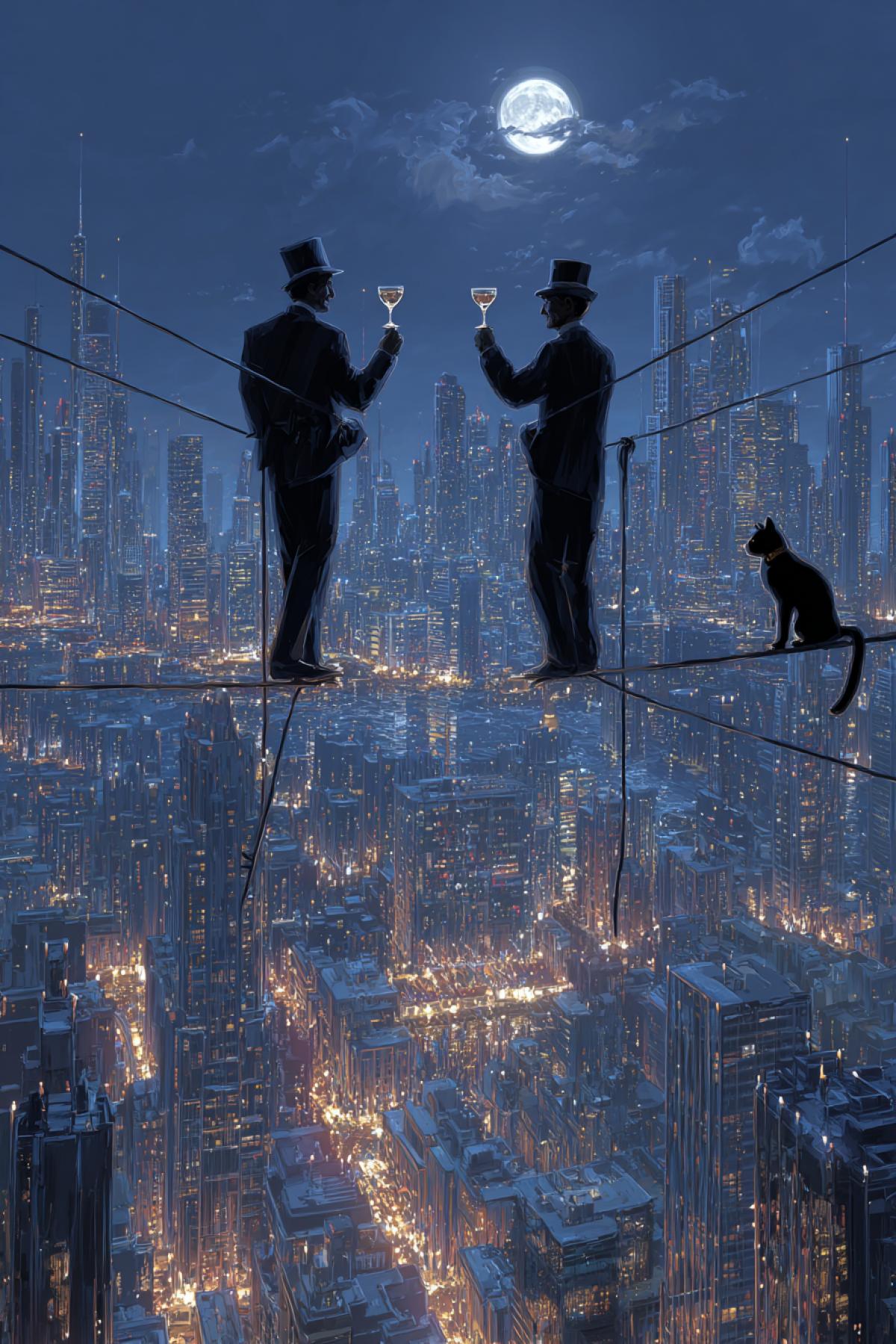 Two rope walkers clinking crystal glasses while balancing high on a rope between skyscrapers at night city lights shimmering far below, full moon above, a curious cat sitting calmly on the rope watching them, surreal moment of quiet joy and tension, cinematic night lighting, ultra-detailed, whimsical realism