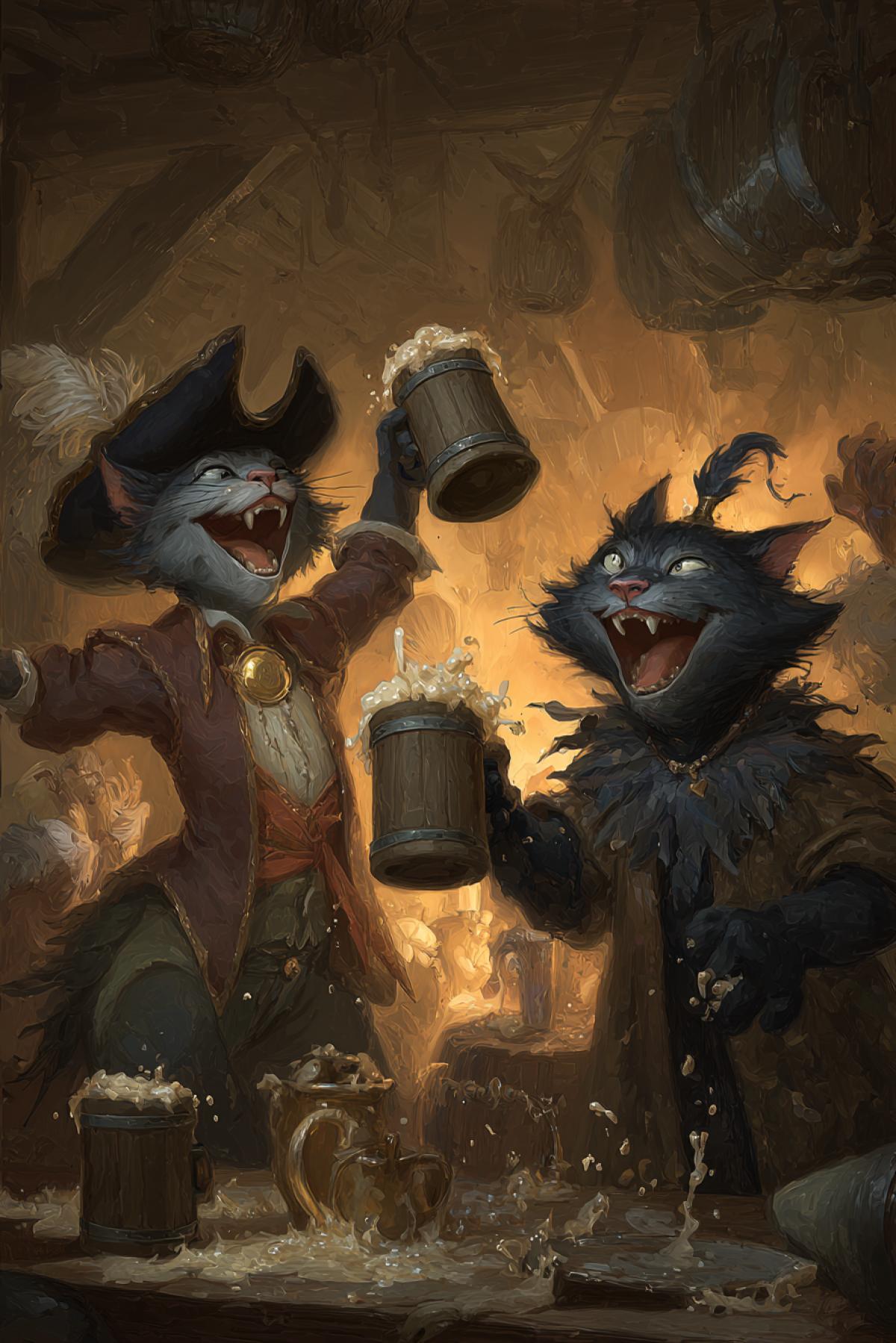 Two anthropomorphic pirate cats clinking heavy tankards in a dimly lit tavern one is a grizzled gray tabby with a gold earring and tricorn hat, the other a sleek dark cat with an eyepatch and feathered coat, both mid-laugh, mugs splashing foam, wooden tables, roaring fireplace, chaotic joyful background, richly detailed, character-driven, painterly style
