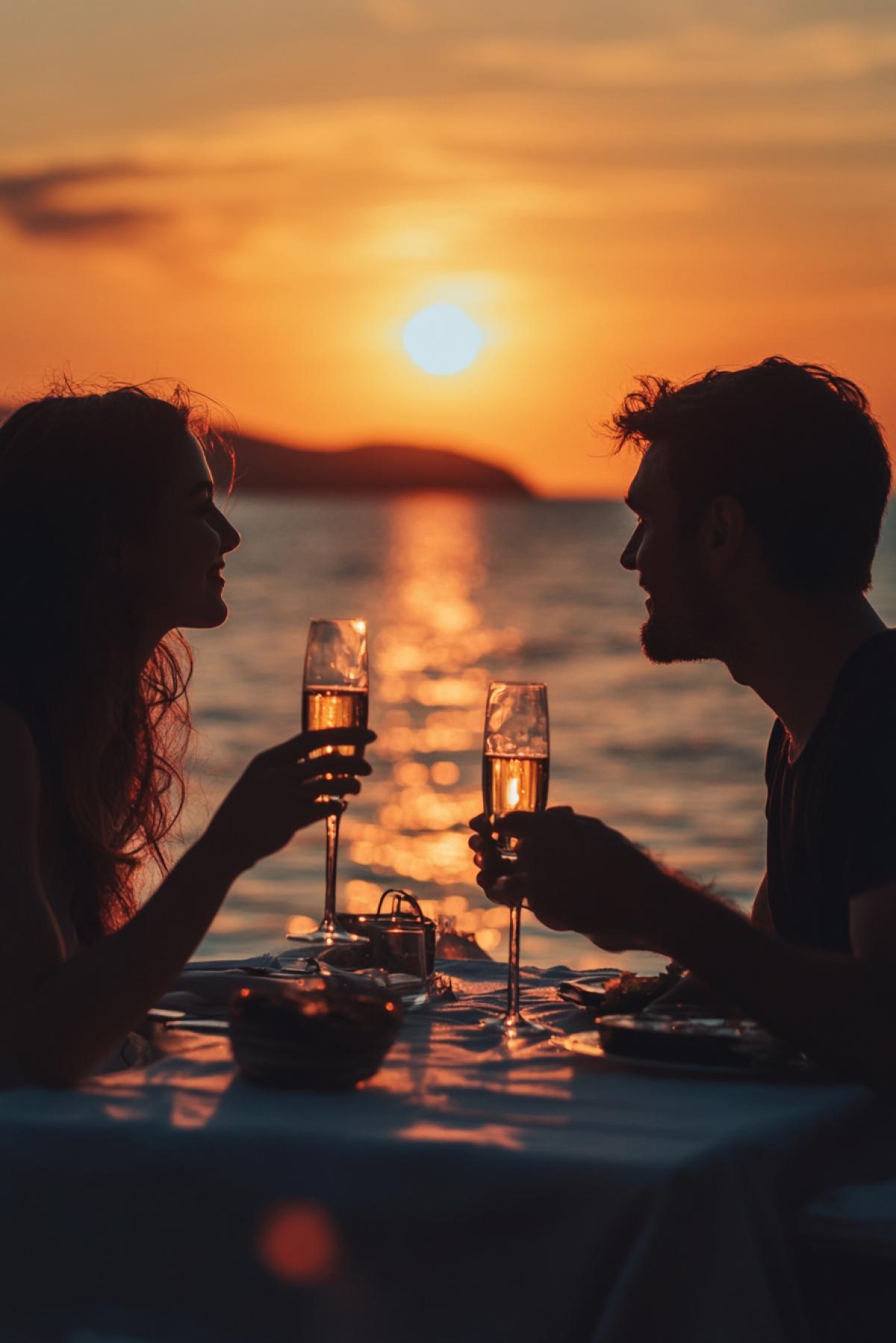A romantic dinner of two lovers at sunset. They drink champagne and look at each other