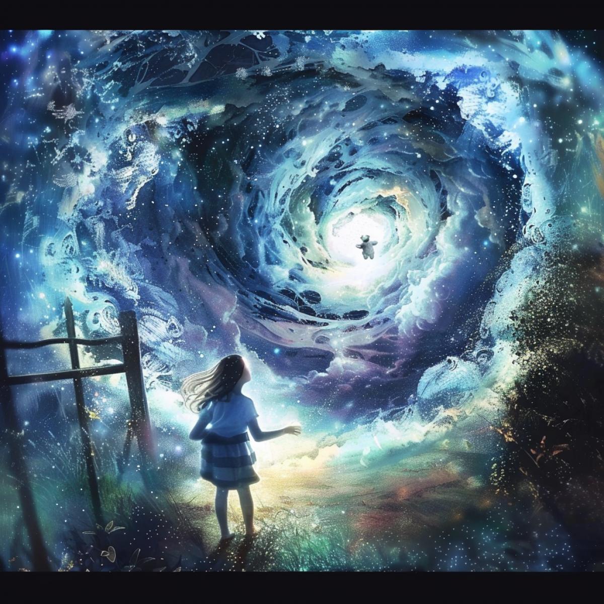 A girl with a plush bear in her hand is on the verge of reality. Entrance to another space, another fantastic world, a shining hole, a whirlpool. The transition from real life to another parallel world. Fantastic, surrealism