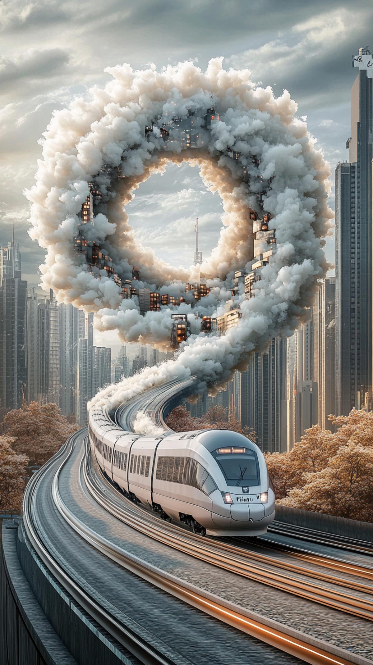 panorama, white with opal peony, intricate spiraling high-speed train \"Finist\" in the sky, 3d circle on white background, splashes, smoke, explosion, brick texture, reflection of the environment on Saturn with precise geometric distortions, shooting angle 30°, hyper-detailed fog, partially transparent, traffic lights in a metropolis from a birds eye view are visible through the segments, background abstract air structures clouds, smoky swirls, backlight, professional photo, ultraHD