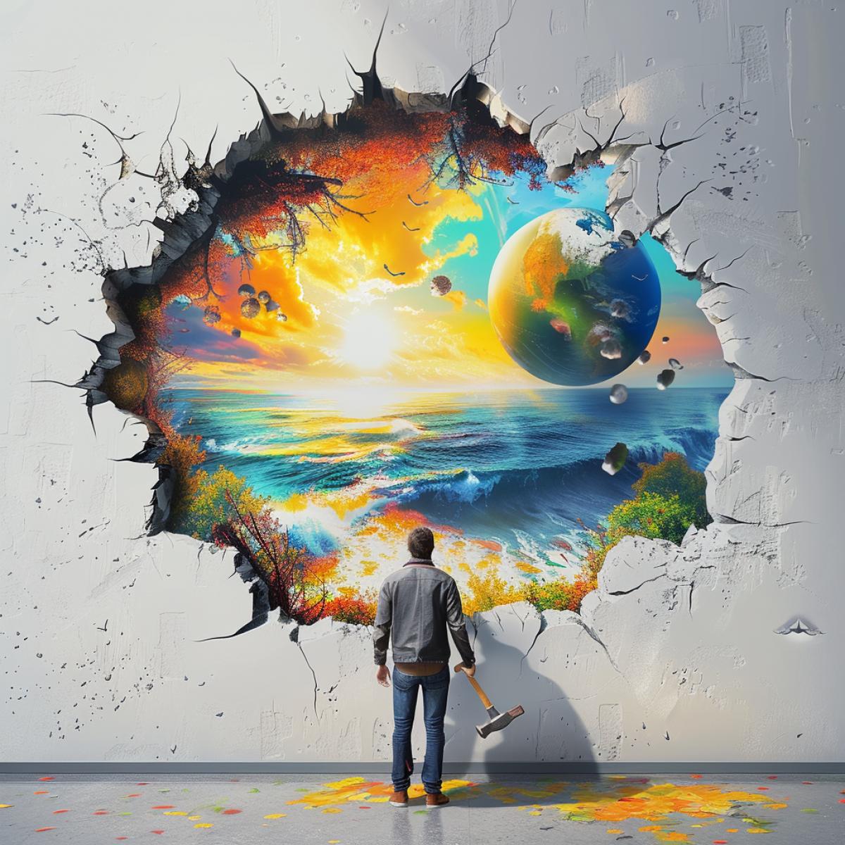 A man stands against a white wall with a hammer in his hands. There is a large hole in the wall, and behind the wall there is a beautiful rainbow world, the sun planet Stars Sea Sea Trees Fantastic World Radiance of different colors . High quality surrealism