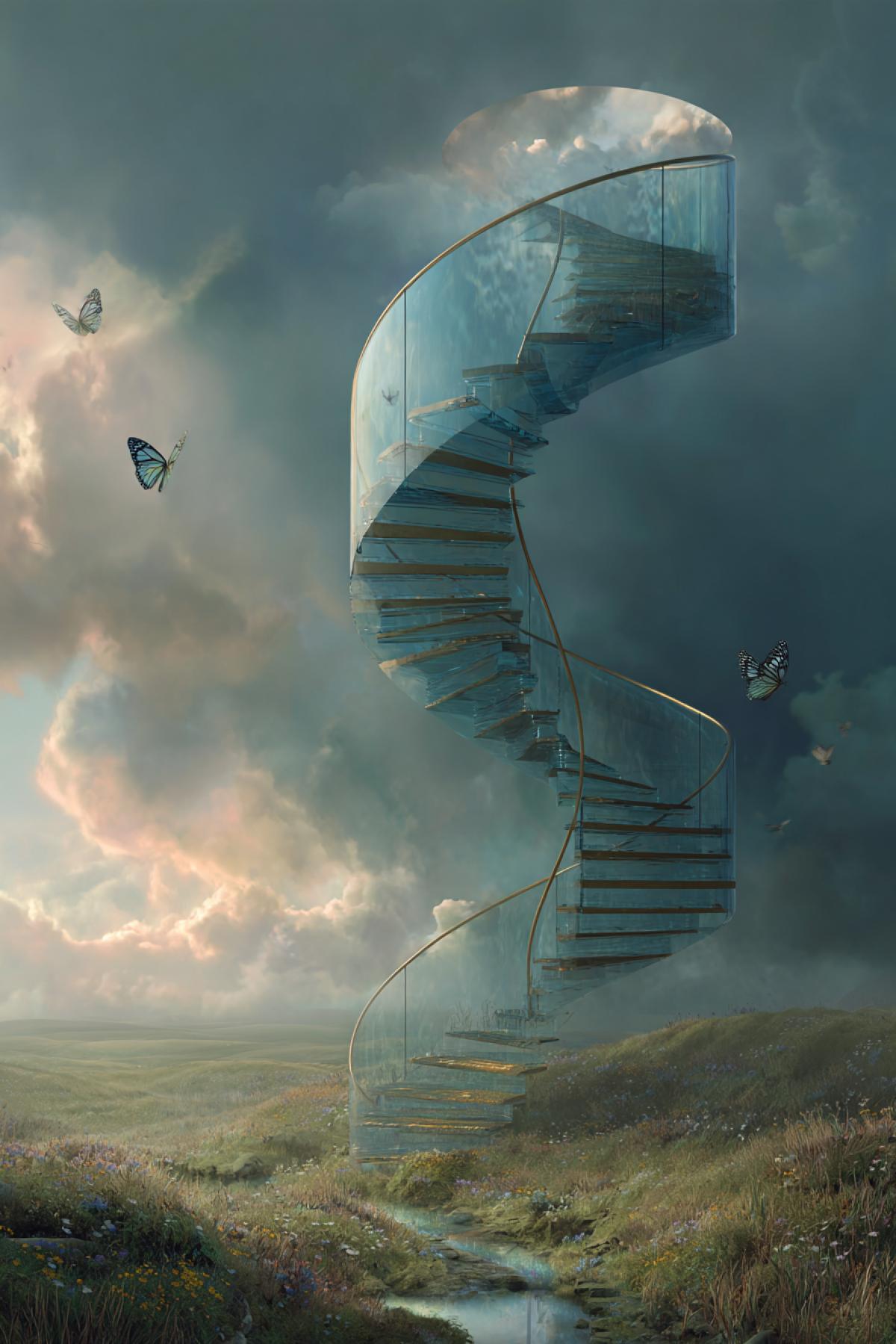 A spiral staircase made of glass and light rises from a quiet meadow into a hole in the sky where the clouds fold outward like peeled fruit, luxury a galaxy inside, butterflies flying up into the breach, cinematic, ethereal color palette, painterly fantasy realism