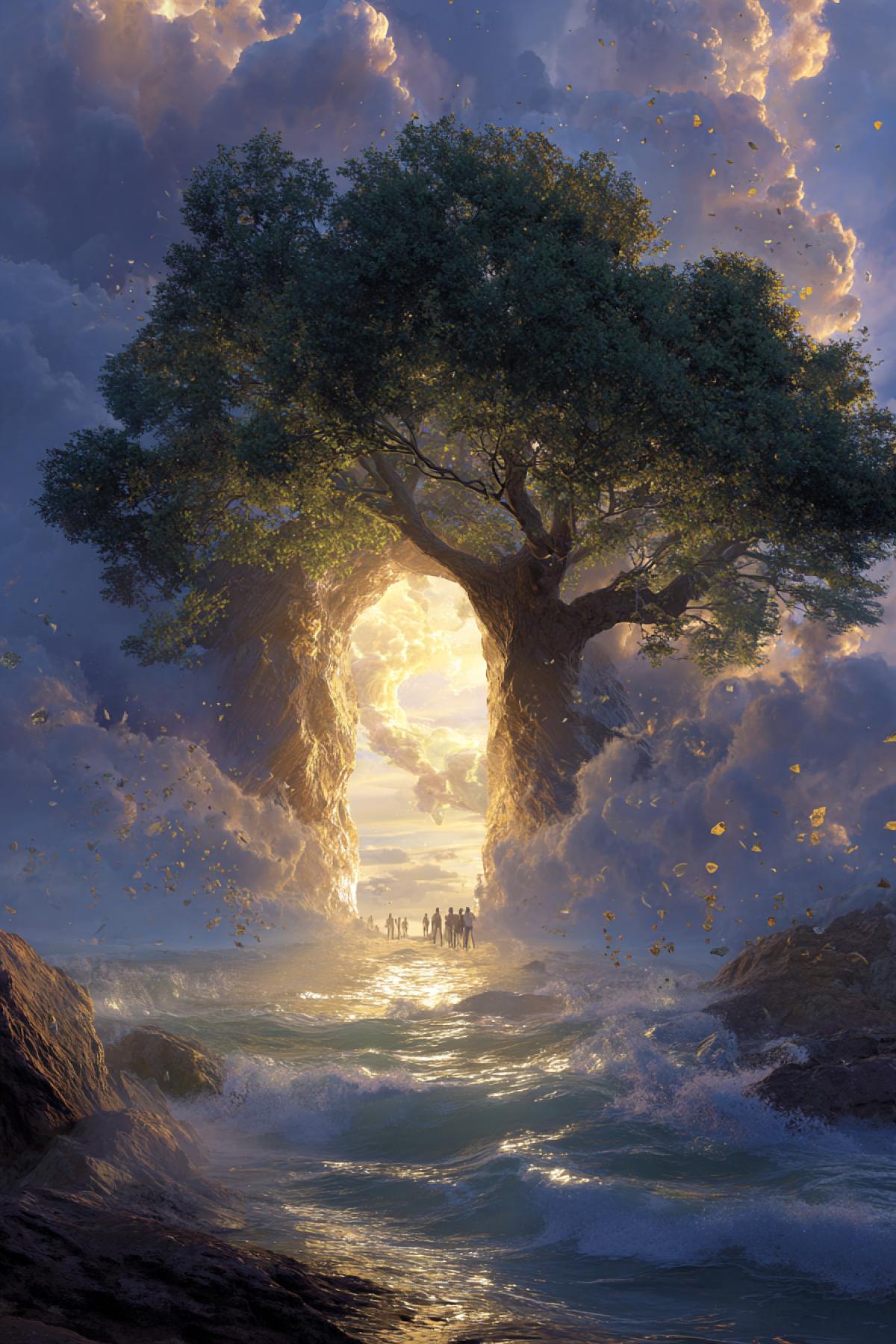A massive tree split in half by lightning reveals a glowing doorway suspended in mid-air between the halves inside: a shimmering ocean sky with floating islands, golden mist flowing outward, petals hovering still in the air, hyperreal, divine lighting, awe-inspiring beauty, surreal dreamscape