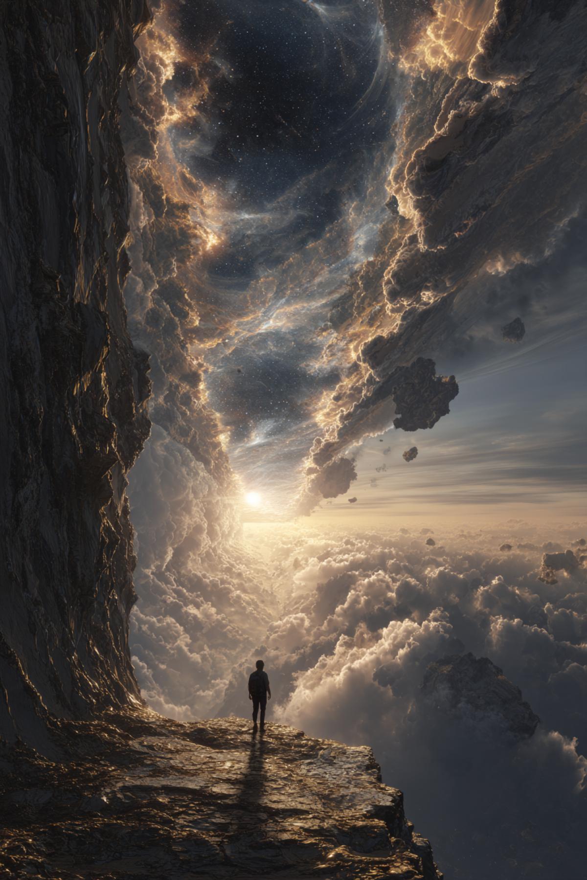 A vertical crack running through a mountain range reveals a completely different sky inside swirling nebulae, flying stone monoliths, and an upside-down sun as if reality is stitched open, with golden threads holding space together, lone traveler standing at the edge, epic wide shot, hyperdetailed surrealism