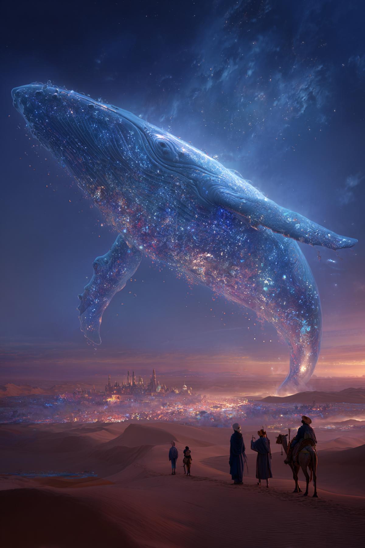 A colossal whale made of glass and stars floats above a desert its open mouth forms a gateway into a luminous underwater world suspended in the sky, glowing coral reefs and ancient ruins visible inside, travelers gazing upward from the dunes, deep twilight, surreal beauty, painterly celestial fantasy