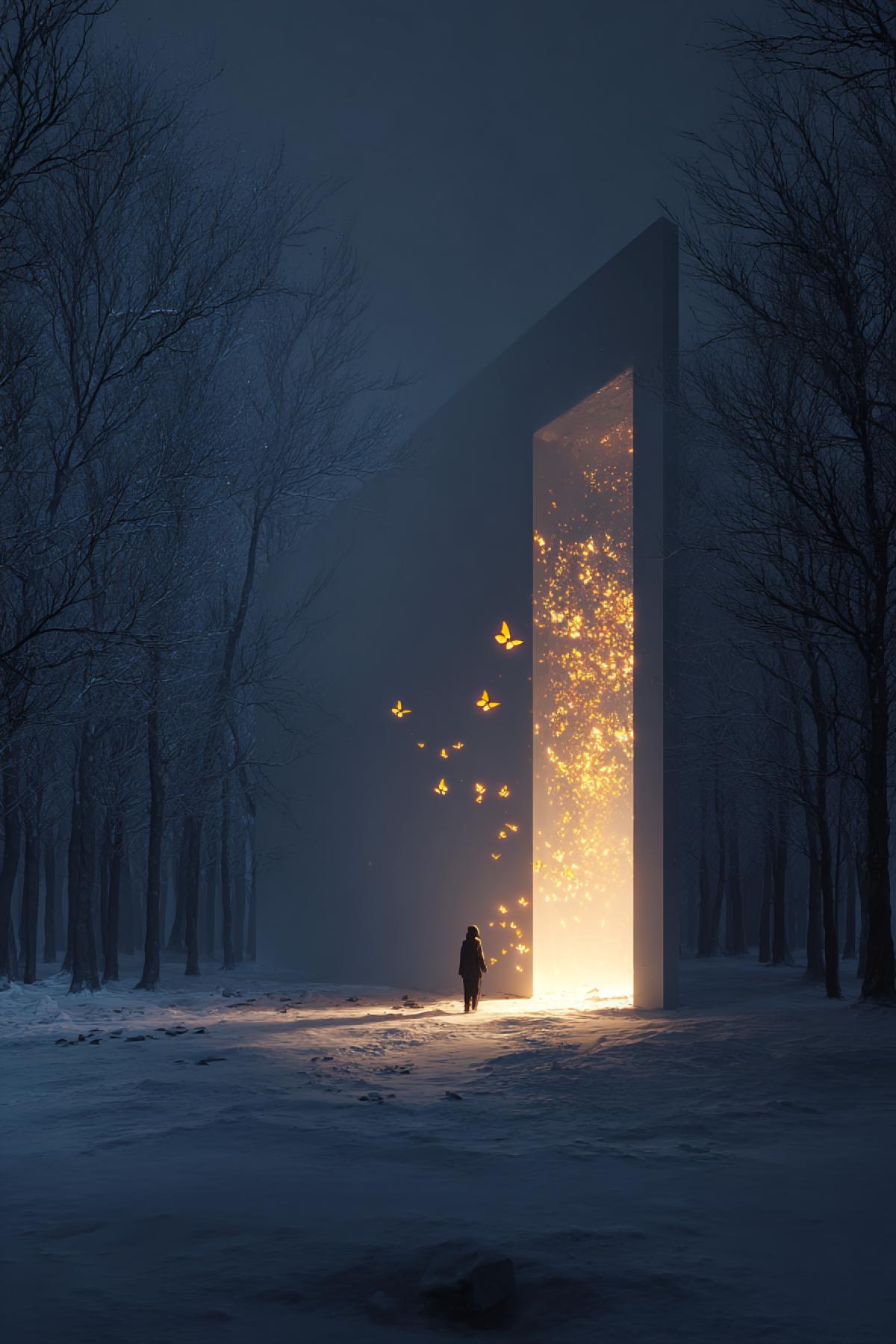 At the edge of a snowy forest, a vertical slit of pure daylight cuts through the night inside: a summer meadow with butterflies, glowing warmth spilling onto the snow, trees leaning inward as if drawn to the light, a lone figure reaching toward it, surreal harmony, minimal yet majestic