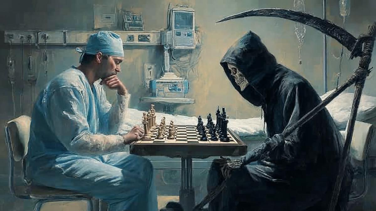 Doctor and Death play chess, death in a dark hoodie with a scythe, interior of the hospital ward, an atmosphere of struggle