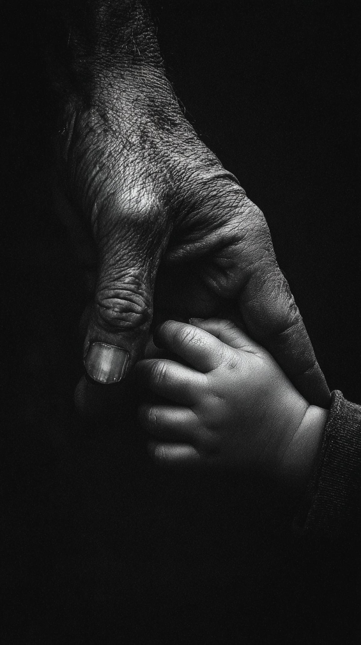 Create a dark and white close-up photo with high contrast, hand in hand, babys hand in old mans hand, background dark. Highlight the texture of the skin, create a dark and cinematic atmosphere