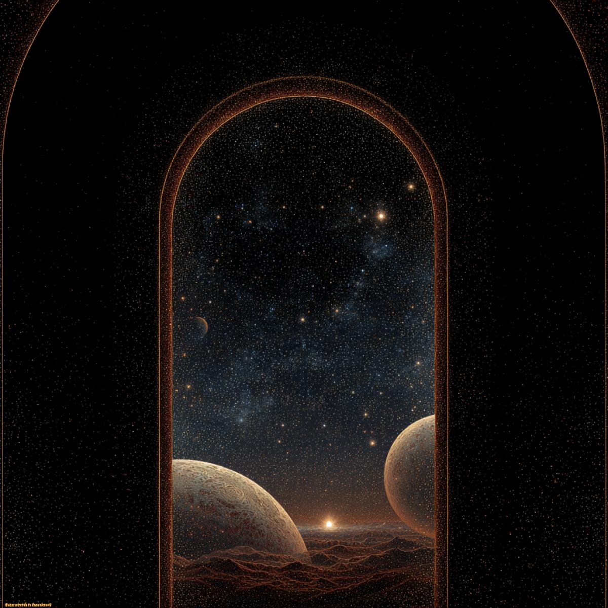 to generate a frame where the \"border\" itself is visible a break in space, a shining arch, which shows the focus of two planets