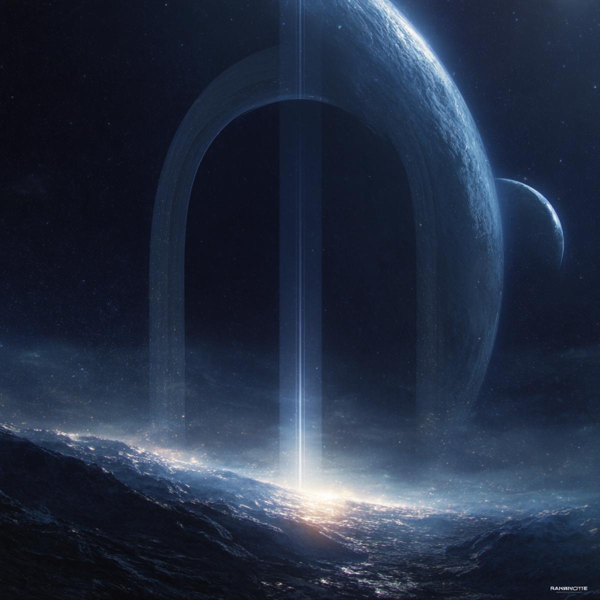to generate a frame where the \"border\" itself is visible a break in space, a shining arch, which shows the focus of two planets