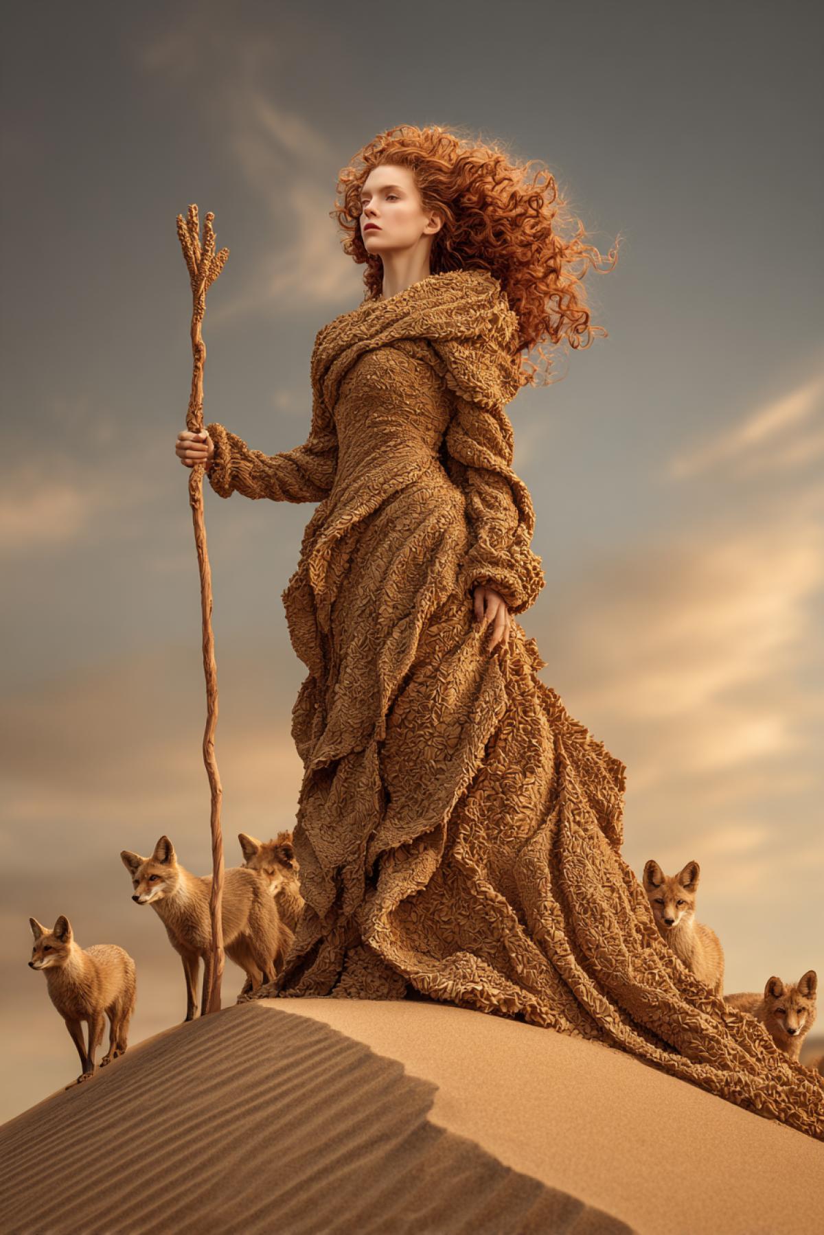 A photorealistic woman in a rolled dress of golden sand, standing at the top of the dune. Her hair is living jets of red sand, curly like a flame. In hands a scepter from a petrified cactus, glowing from the inside. Around a flock of desert fox forming a retinue. Filmed on Hasselblad H6D when sunset, style: mythological hyperrealism