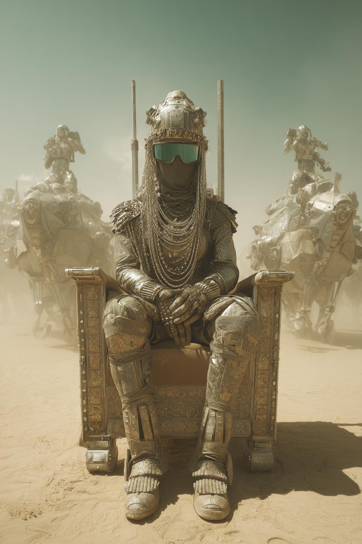 Futuristic ruler in armor from salt crystals, sitting on a throne-border ribot. Her mask is a polished dark mirror reflecting a sandstorm. Behind is a caravan of drones with a load of water. Filmed on Sony A1 with an infrared filter, style: dieselpank Meets Bedouin aesthetics