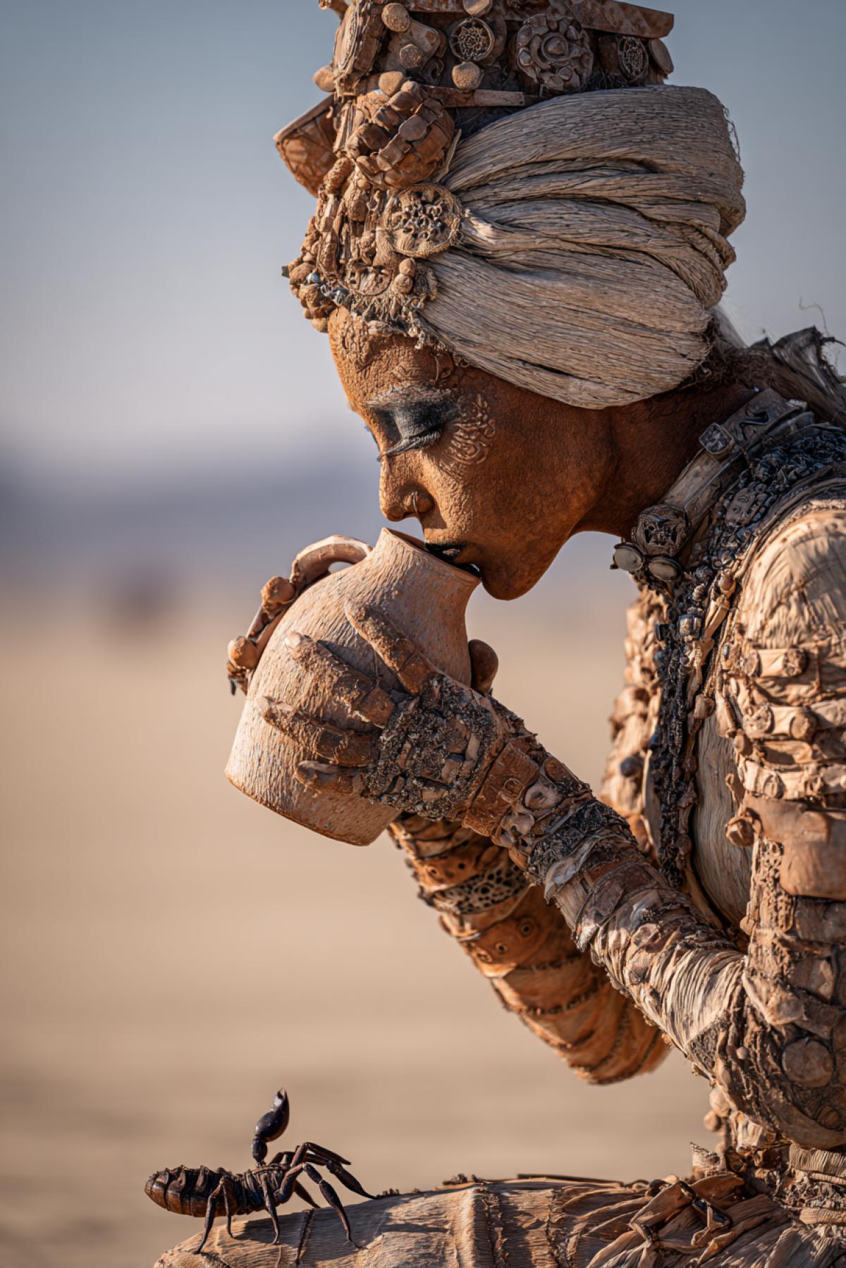 A female figure made of hot air, drinking water from a broken jug. Her flickers like a horizon in the heat, sometimes dissolving. At the feet a real scorpion, carrying her crown from burned clay. Filmed on Nikon Z9 with a double ex4k, style: surrealistic photorealism