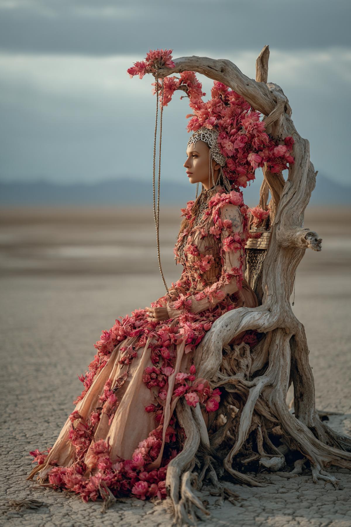 A woman in a dress of living cactus flowers sits on a throne from the roots of an ancient tree. Around it is a dry lake, but under the throne a spring beats, the water from which turns into steam when touching sand. On the head is a crown from sunlight collected by lenses. Filmed on Sony A1 with a macro lens, style: botanical fantasy