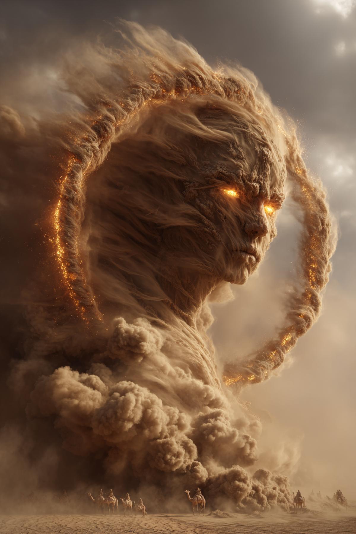 The photorealistic queen of the desert, standing in the epicenter of a big sand tornado. Her consists of moving sand streams, with a clear female silhouette and burning amber eyes. The wind forms a ring from ancient runes around it, and its cloak from boiling sand extends hundreds of meters. Below are caravans skeletons rising in a whirlwind. Filmed on Sony A7R V with long exposure (1/15 seconds), style: Epic hyperrealism
