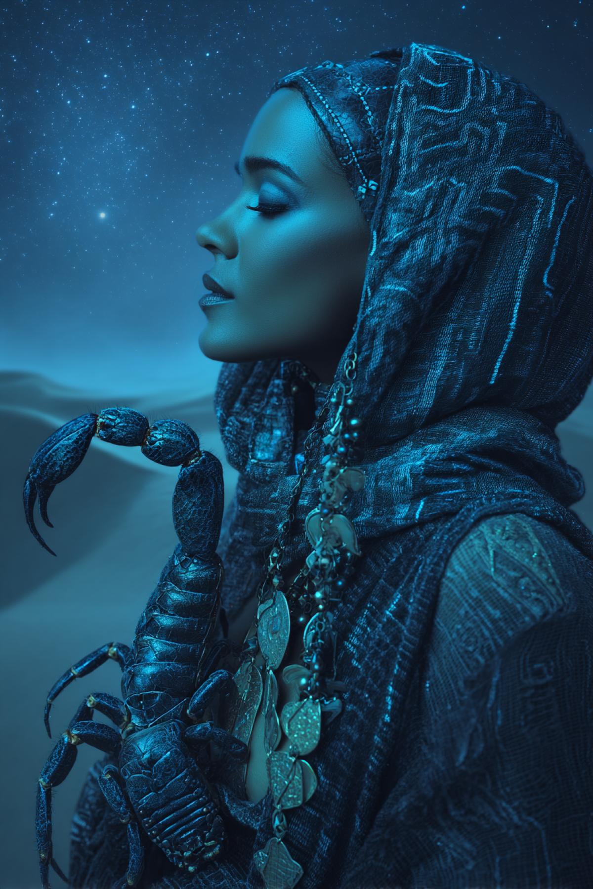 A scorpion woman in a cloak from a web and sand. Her tail wraps the thigh as a jewelry, and the sting is highlighted by the neon-blue. On the neck is a necklace of dried hearts of travelers. Background: Night oasis, where water reflects the stars, but when it approaches it turns into sand. Filmed on Canon R5 with Bock effect, style: Romantic horror.