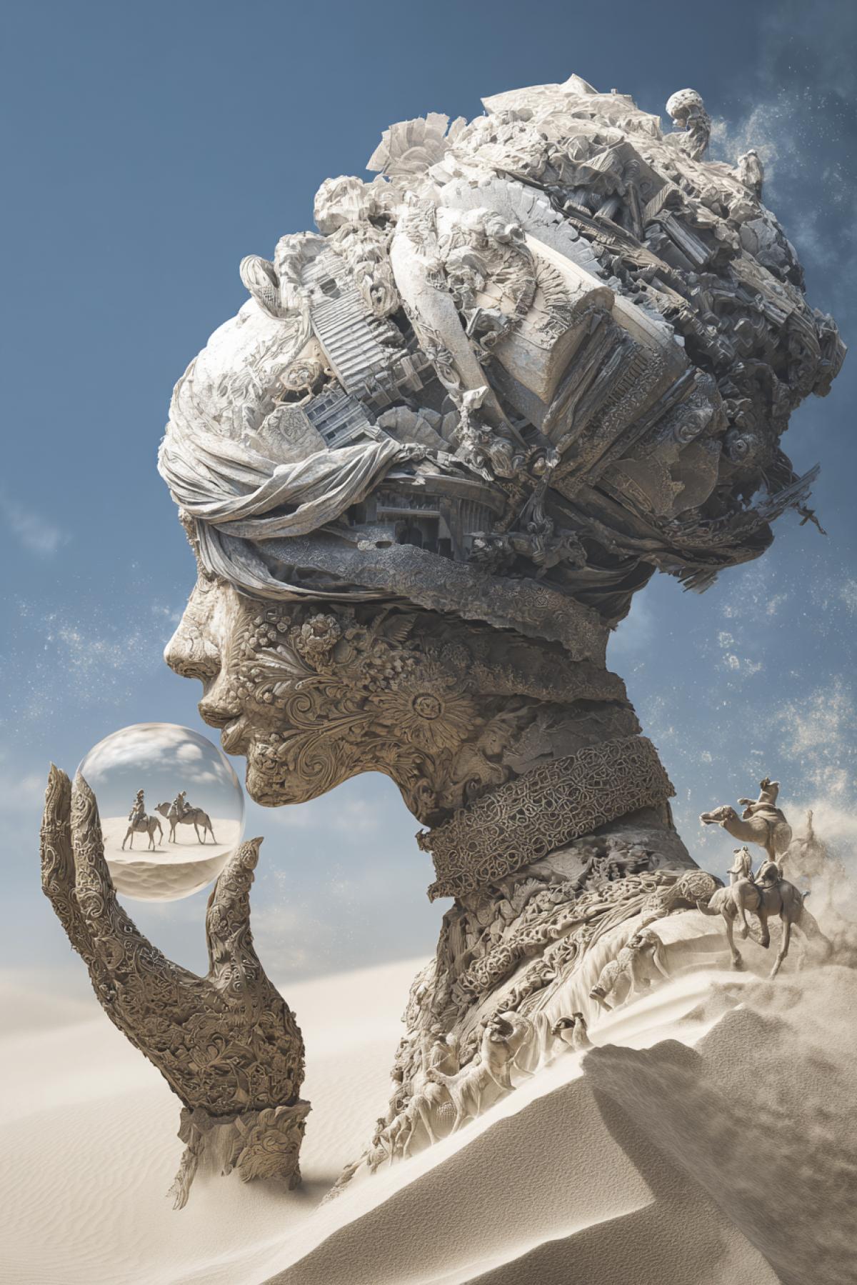 A surreal portrait of a woman whose consists of fluid sand clocks. Her face is collected from fragments of ancient frescoes, and her hair is an endless tape of caravans disappearing in the horizon. Instead of the heart a glass sphere with a miniature seething desert inside. Each of her gestures leaves vibrating symbols of disappeared languages in the air. Background: a distorted space where dunes turn into library regiments, and then into the bones of camels. Relied on a modified camera with a 16-bit color, style: metaphysical hyperrealism