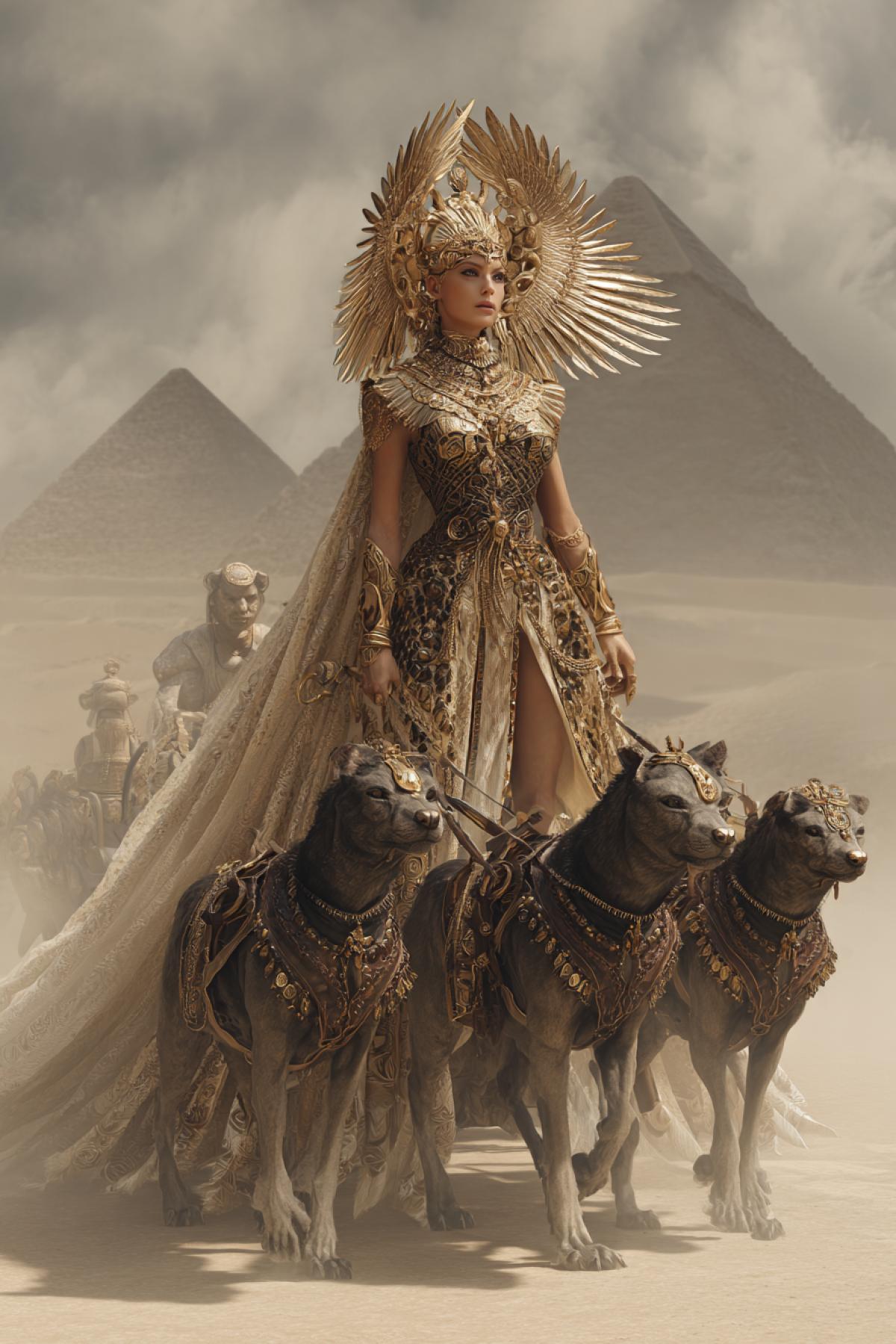 A photorealistic Egyptian queen in the lowfalling gold Haytek, standing on a chariot drawn by six shacals of dark sand. Her headdress is a pectoral in the shape of a falcon wings, where instead of feathers are crumbling hieroglyphs. In the hands is an ankh, from which the river of hot sand flows. Background: Pyramids that are melting in the world haze, with the shadows of the pharaohs emerging in the dunes. Filmed on Arri Alexa 65 with thermal imager, style: historical fantasy-hyperrealism