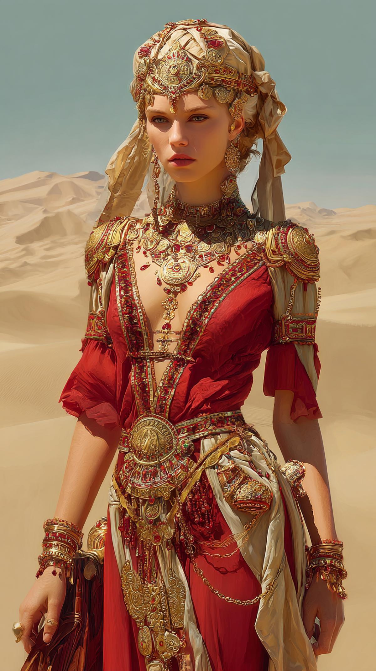 The magnificent ruler of the endless sandy open spaces is the Queen of the Dunes. Your task is to generate the image of this e surrounded by wind hills and gilded dunes.