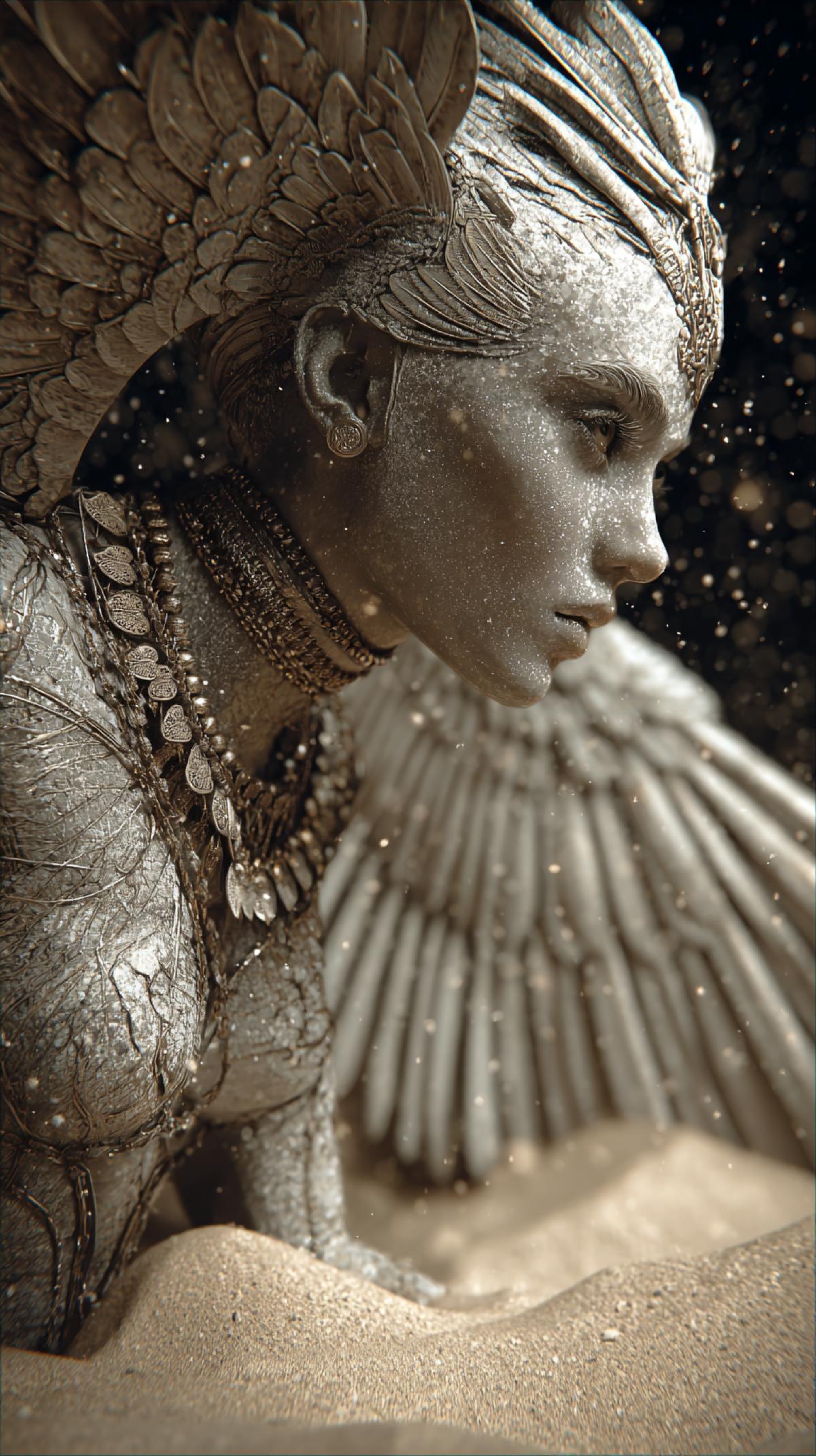 Woman Pharaoh with wings, sand around. She is very feminine and mysterious, she is the lord of the sand. On the neck is a necklace of dried hearts of travelers. Background: Night oasis, where water reflects the stars, but when it approaches it turns into sand. Photographic detail, atmosphere of strength and greatness.