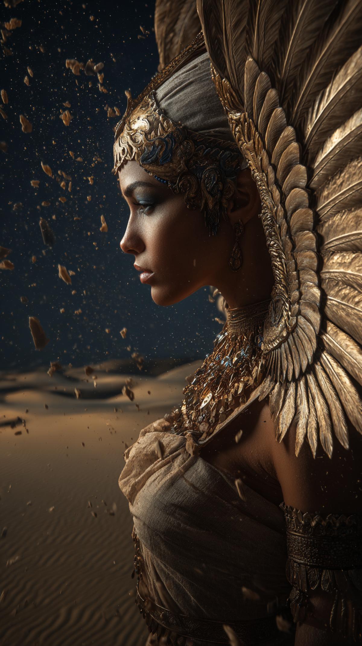 Woman Pharaoh with wings, sand around. She is very feminine and mysterious, she is the lord of the sand. On the neck is a necklace of dried hearts of travelers. Background: Night oasis, where water reflects the stars, but when it approaches it turns into sand. Photographic detail, atmosphere of strength and greatness.