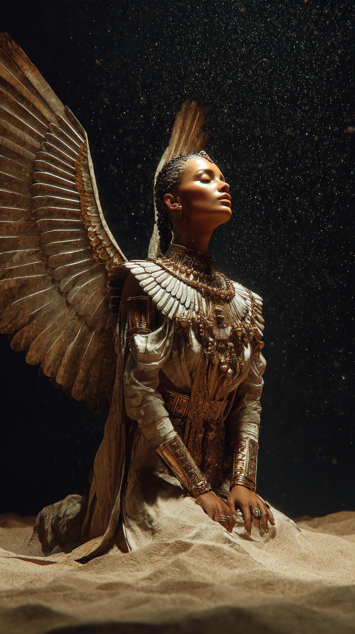 Woman Pharaoh with wings, sand around. She is very feminine and mysterious, she is the lord of the sand. On the neck is a necklace of dried hearts of travelers. Background: Night oasis, where water reflects the stars, but when it approaches it turns into sand. Photographic detail, atmosphere of strength and greatness.
