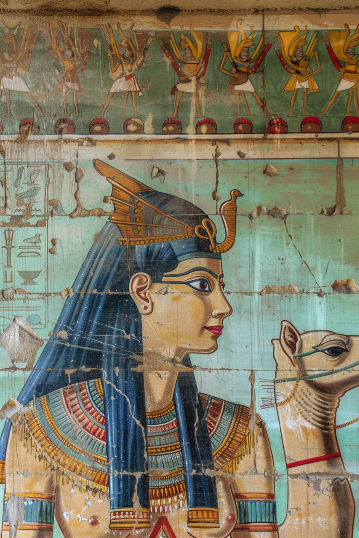 Egyptian goddess queen of sands and dunes surrounded by double-humped camels ancient Egyptian mural
