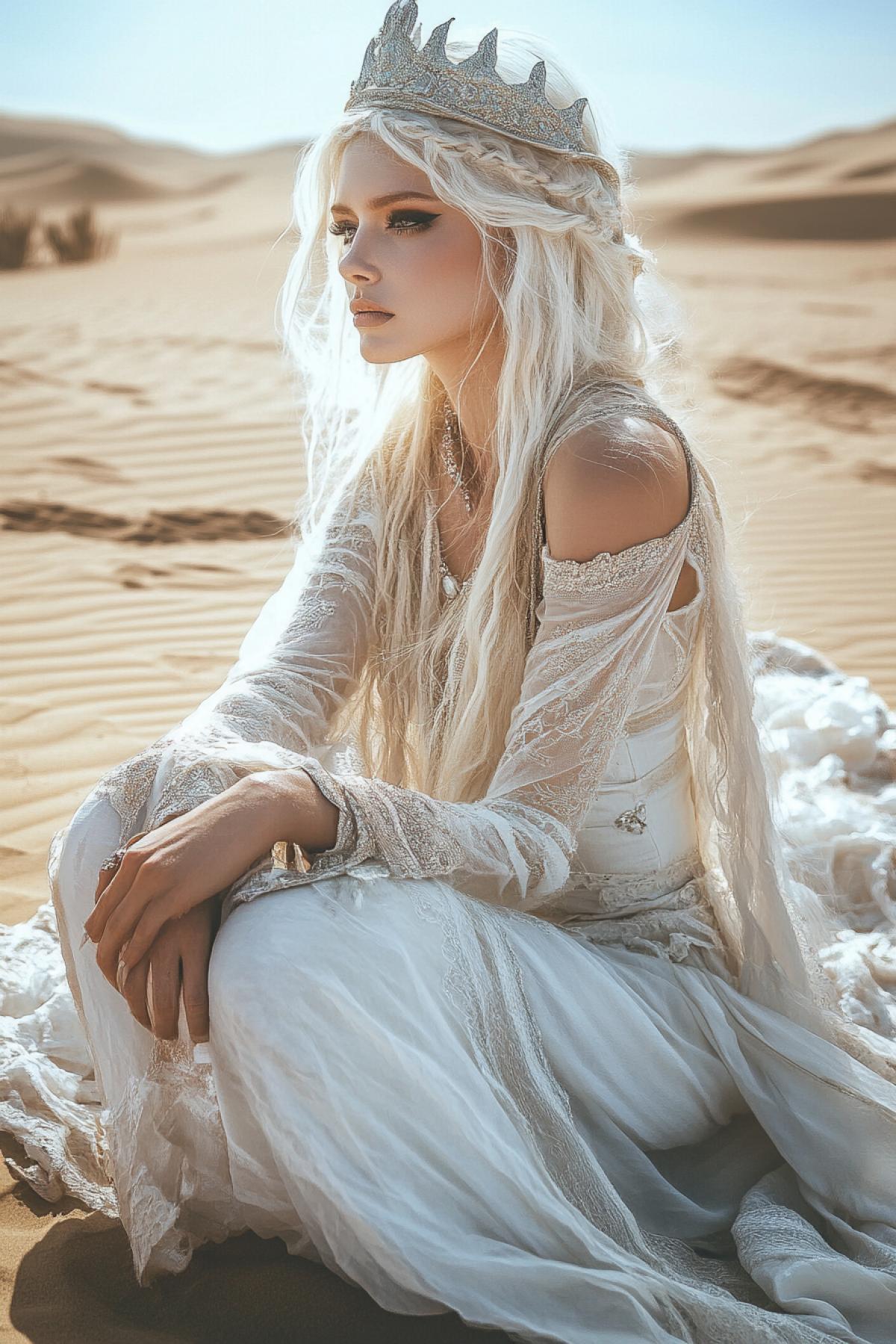 Girl blonde in the image of the queen somewhere in the desert