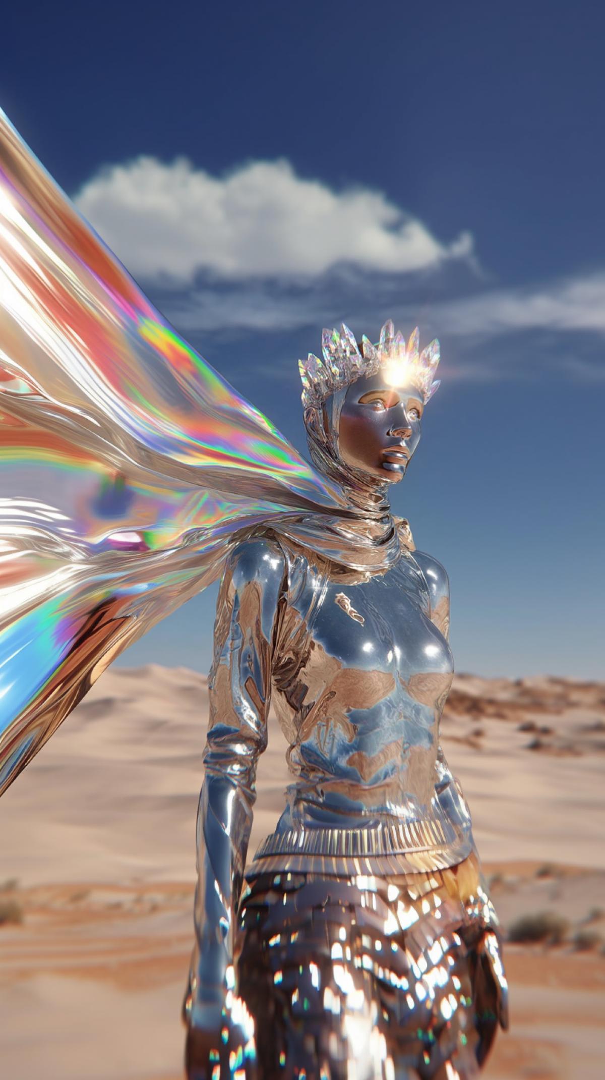 A holographic humanoid woman, dressed in a silver chrome, in the desert, a crown of transparent crystals on her head, surrounded by a rainbow. The image of the queen of the desert. The image is hyperrealistic.