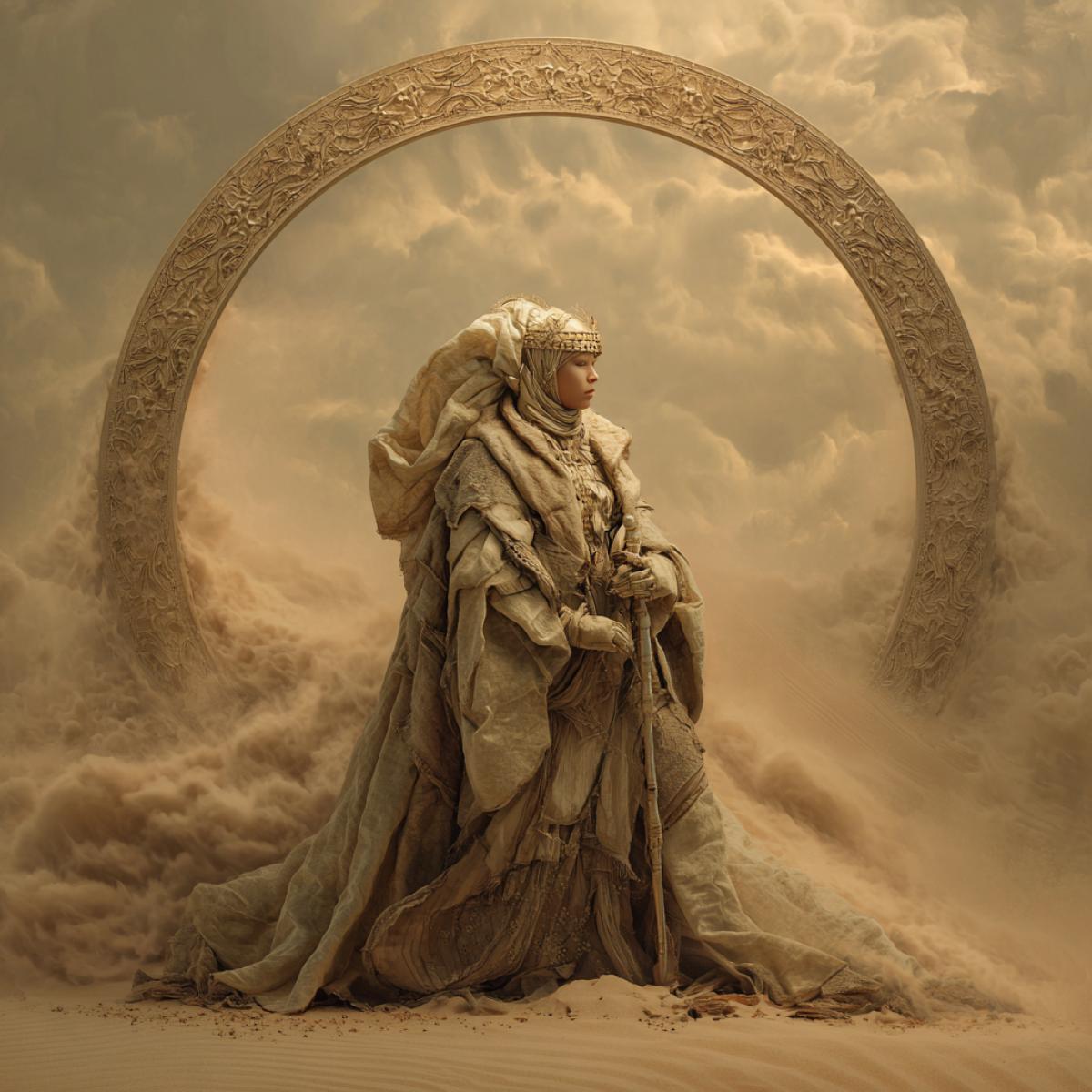 Portrait of the queen of sandy dunes surrounded by arch of sandstorm, large
